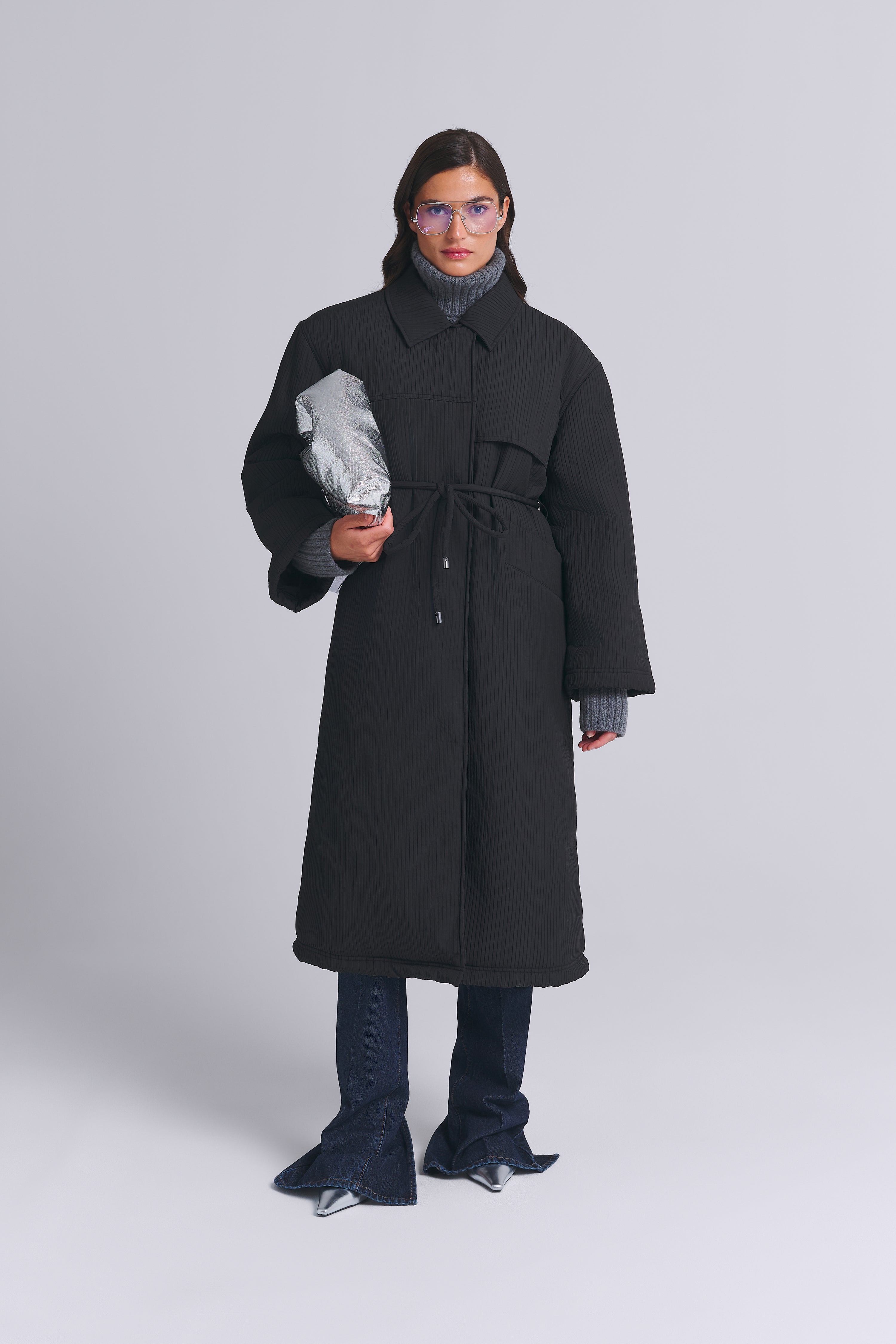 RIBBED LONG PUFFER COAT WITH DETACHABLE SHOULDER PADS