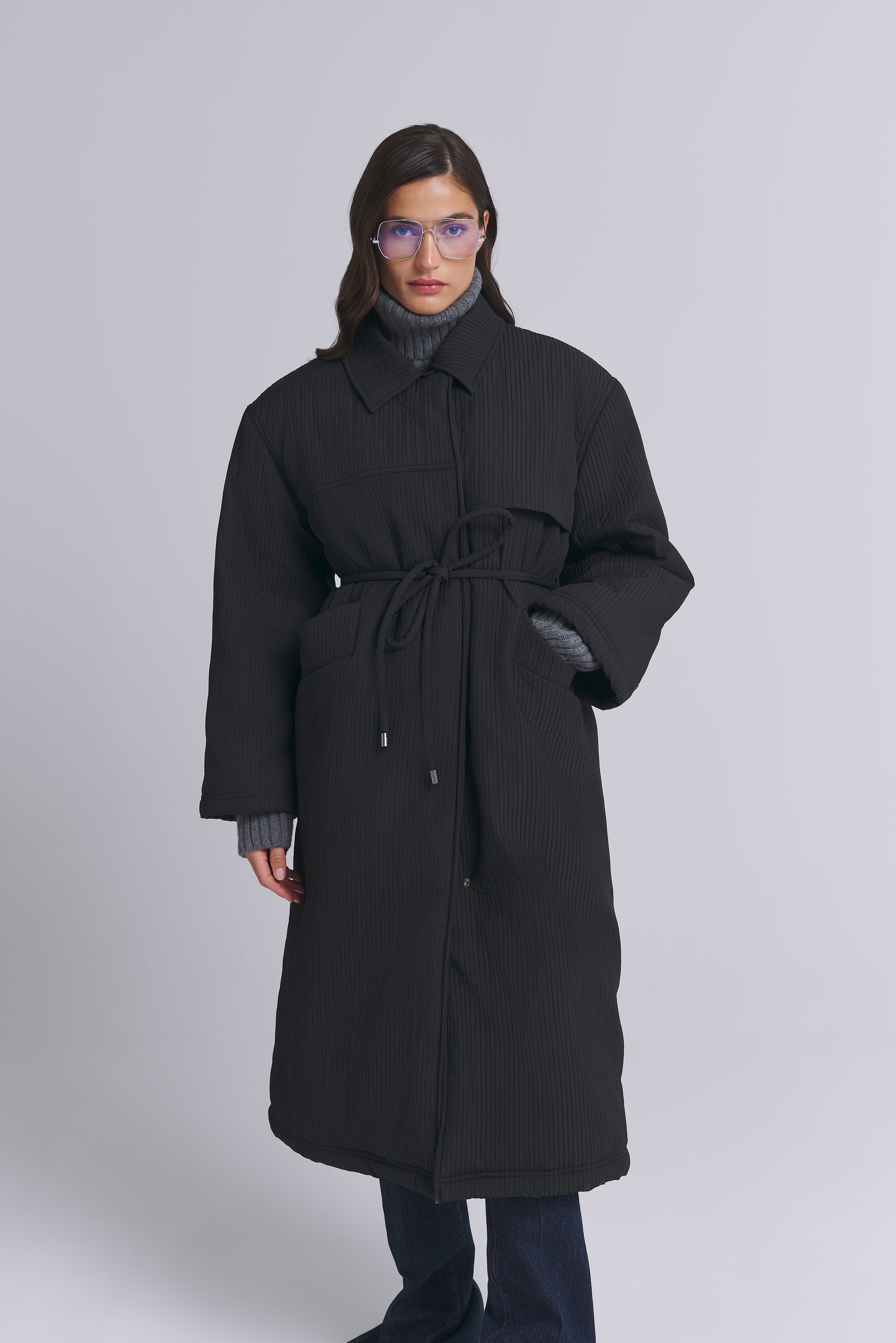 RIBBED LONG PUFFER COAT WITH DETACHABLE SHOULDER PADS