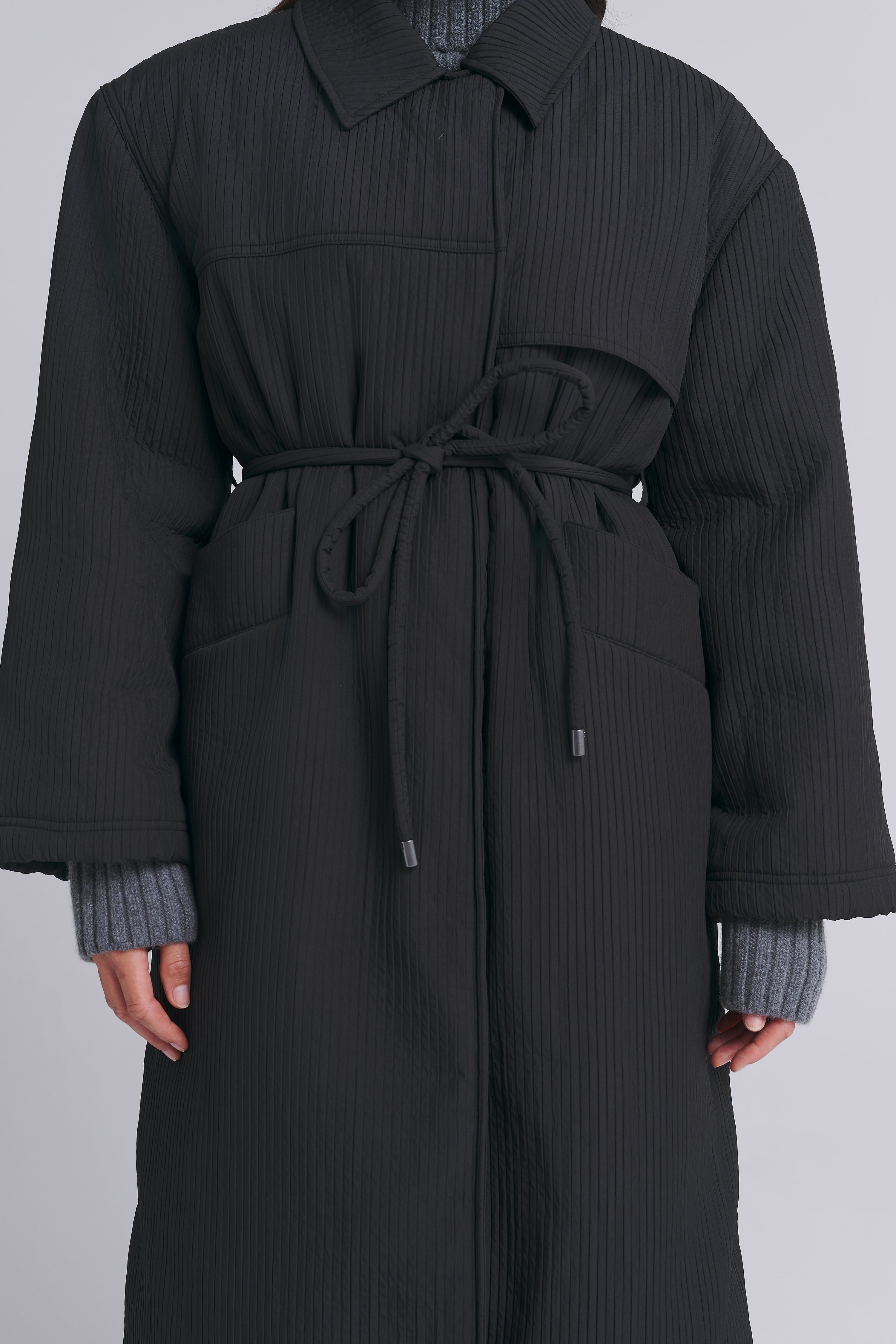 RIBBED LONG PUFFER COAT WITH DETACHABLE SHOULDER PADS