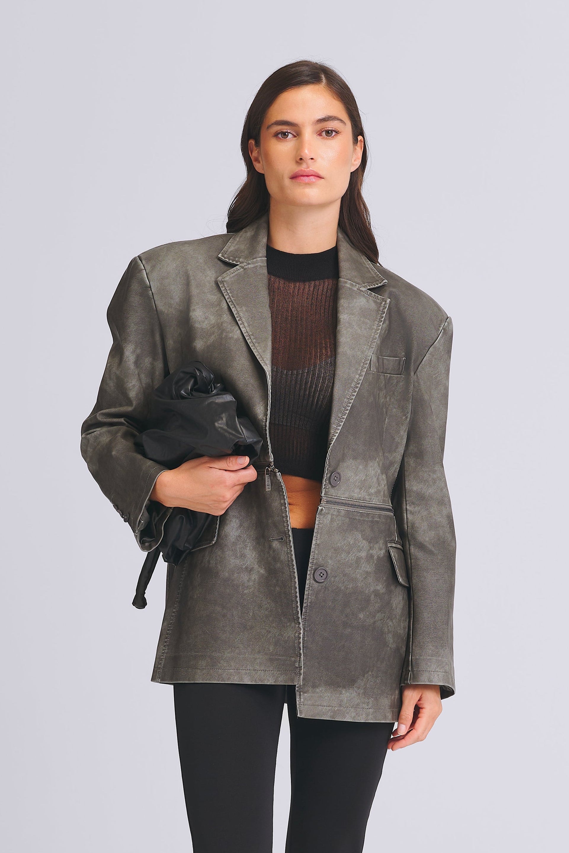 FAUX LEATHER ZIP BLAZER 2-in-1