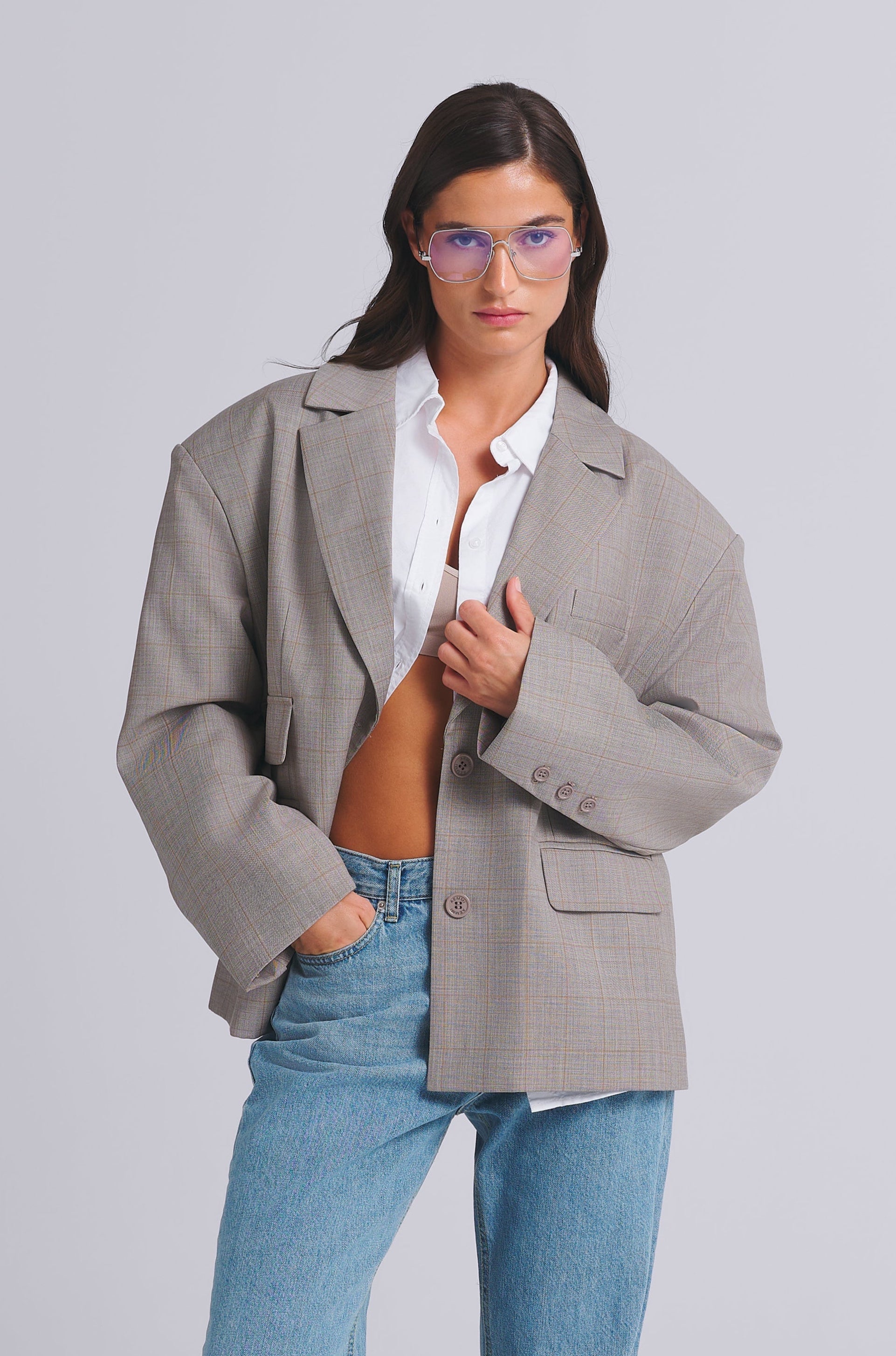WOOL BLEND CHECKED OVERSIZED BLAZER