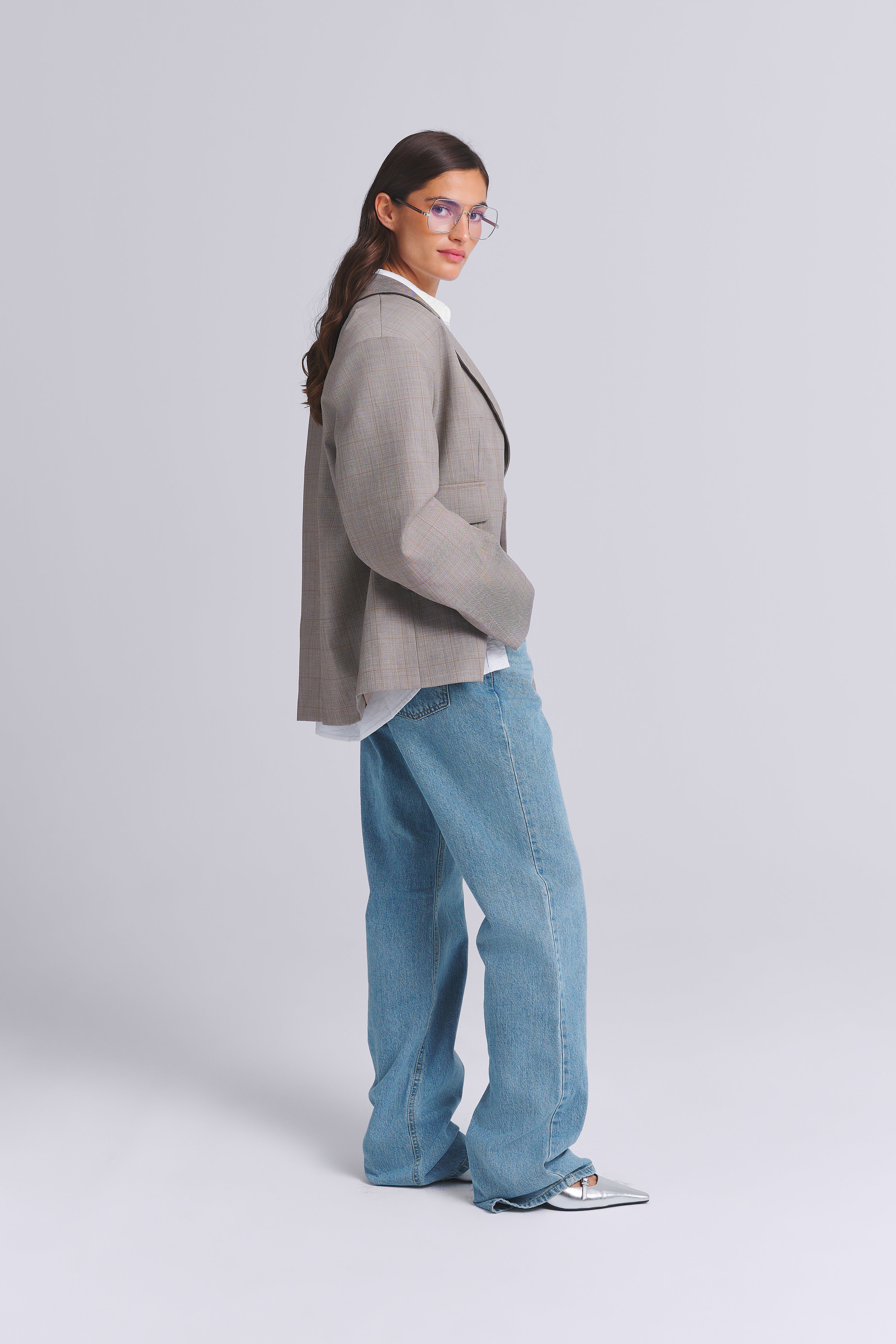 WOOL BLEND CHECKED OVERSIZED BLAZER