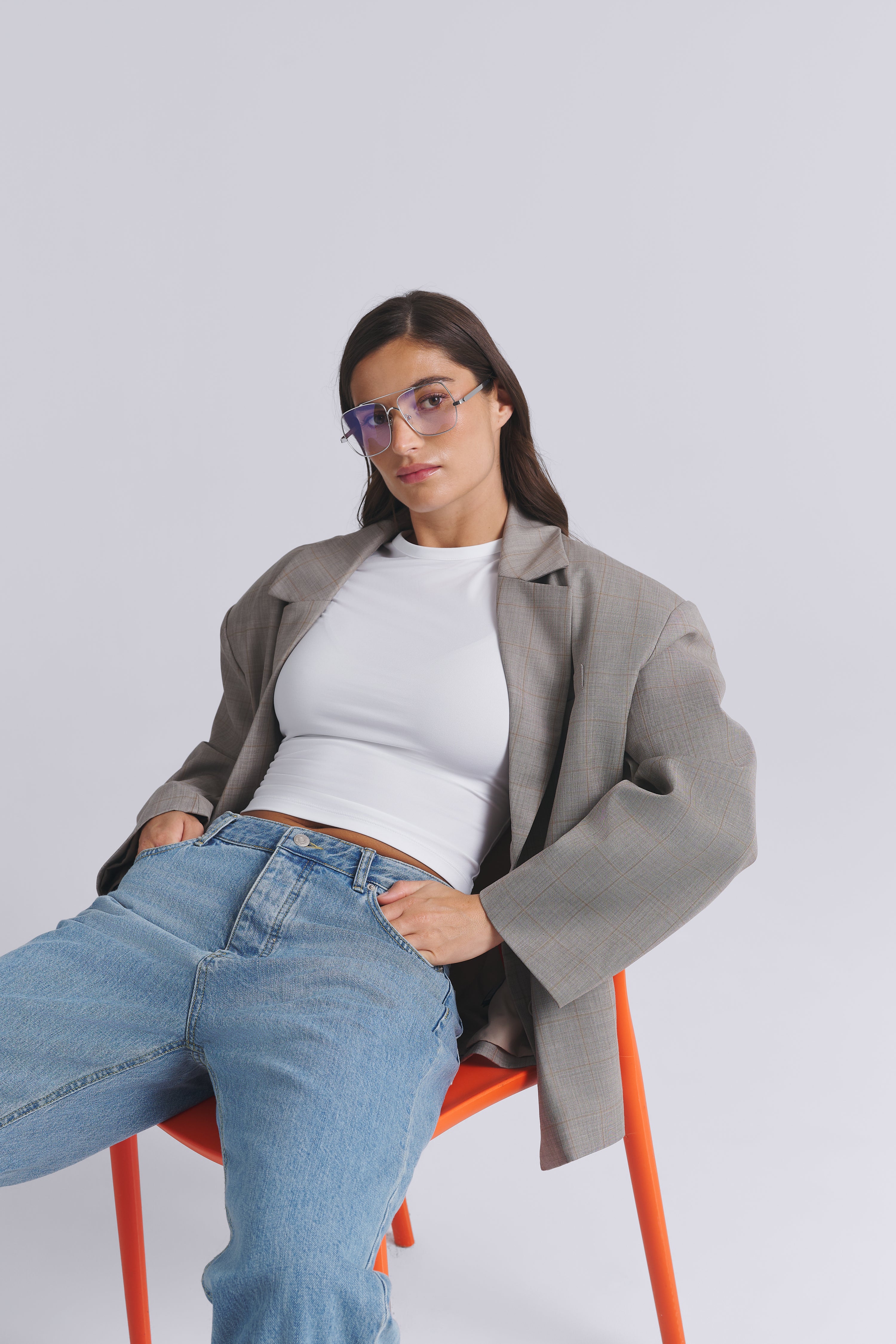 WOOL BLEND CHECKED OVERSIZED BLAZER
