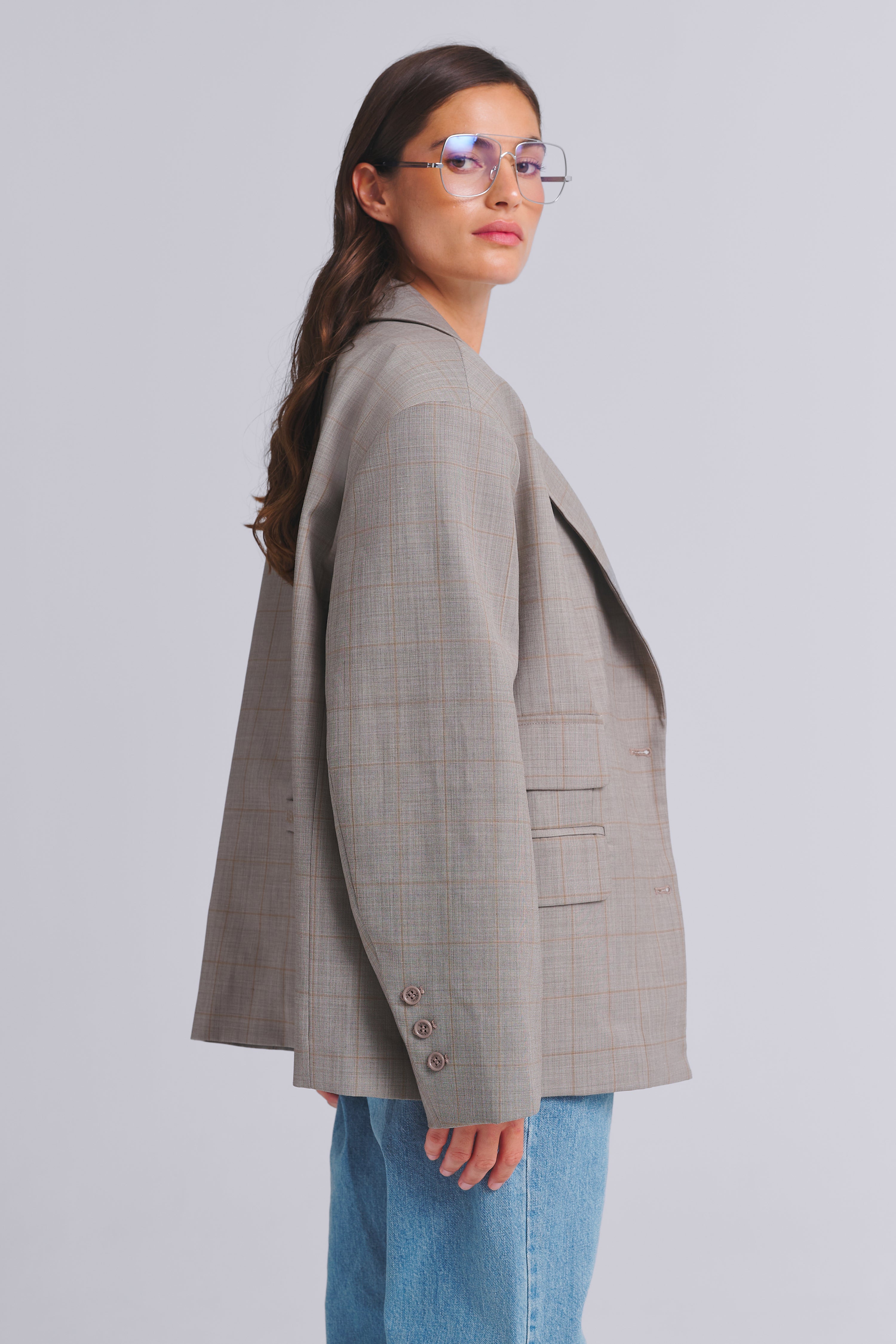 WOOL BLEND CHECKED OVERSIZED BLAZER