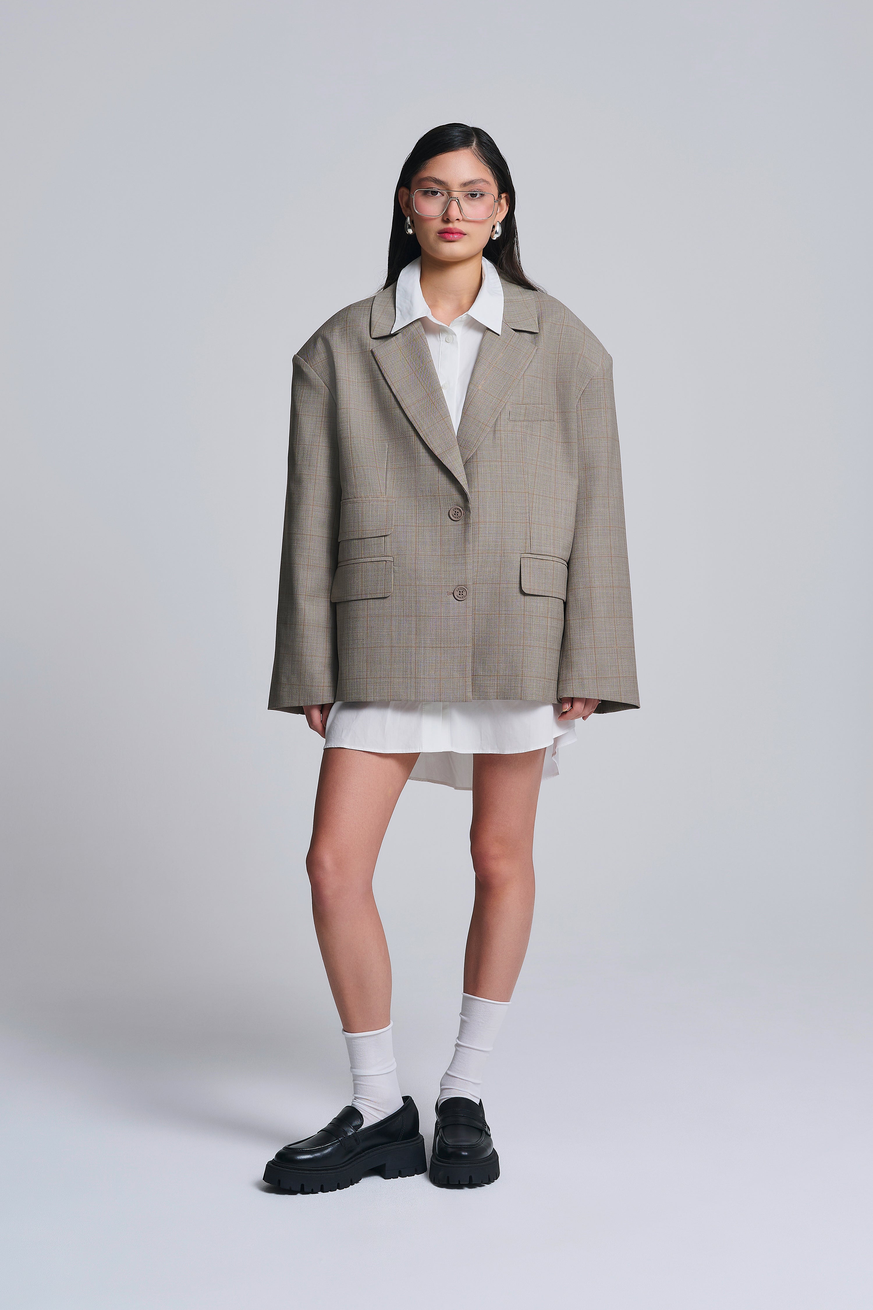 WOOL BLEND CHECKED OVERSIZED BLAZER