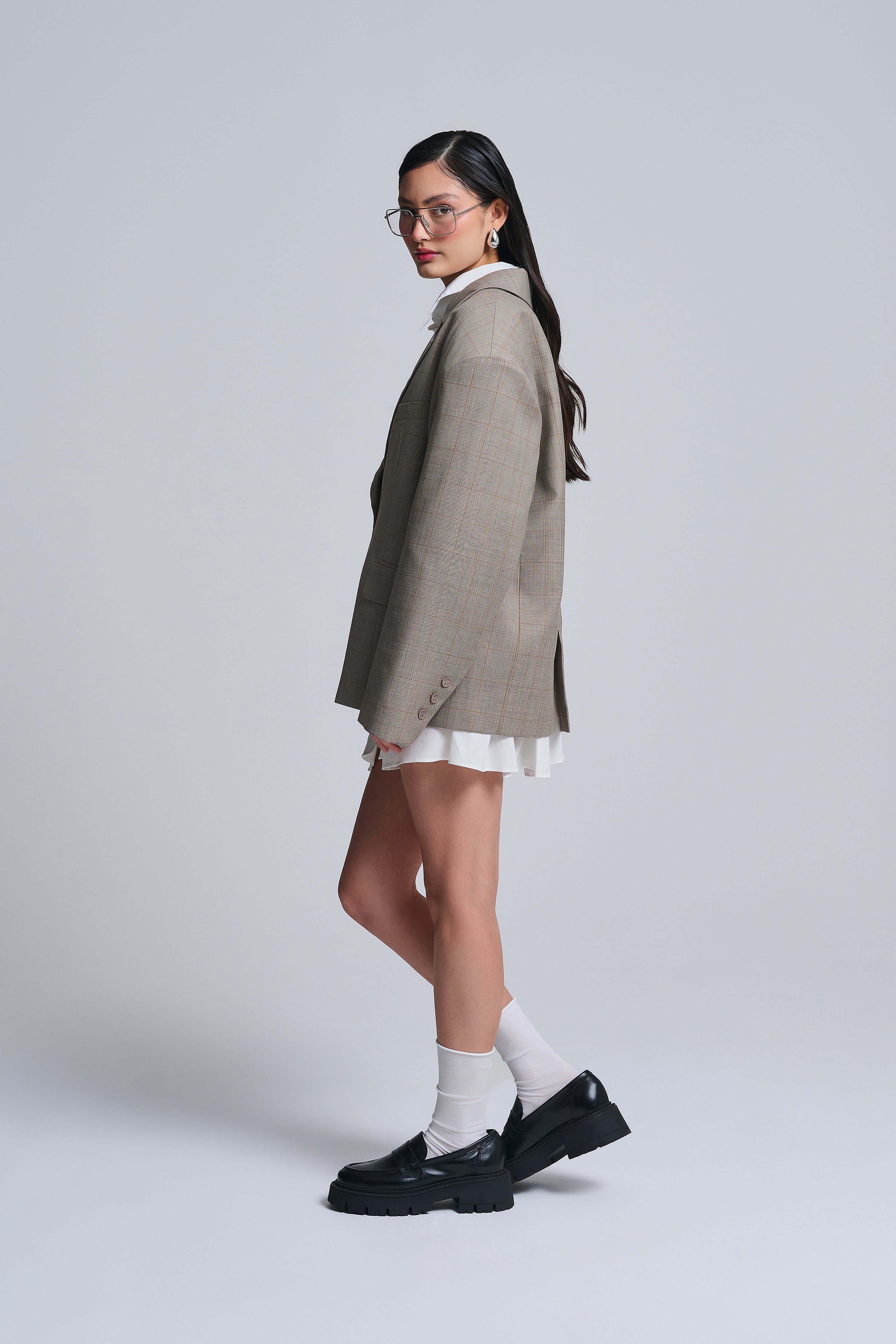 WOOL BLEND CHECKED OVERSIZED BLAZER