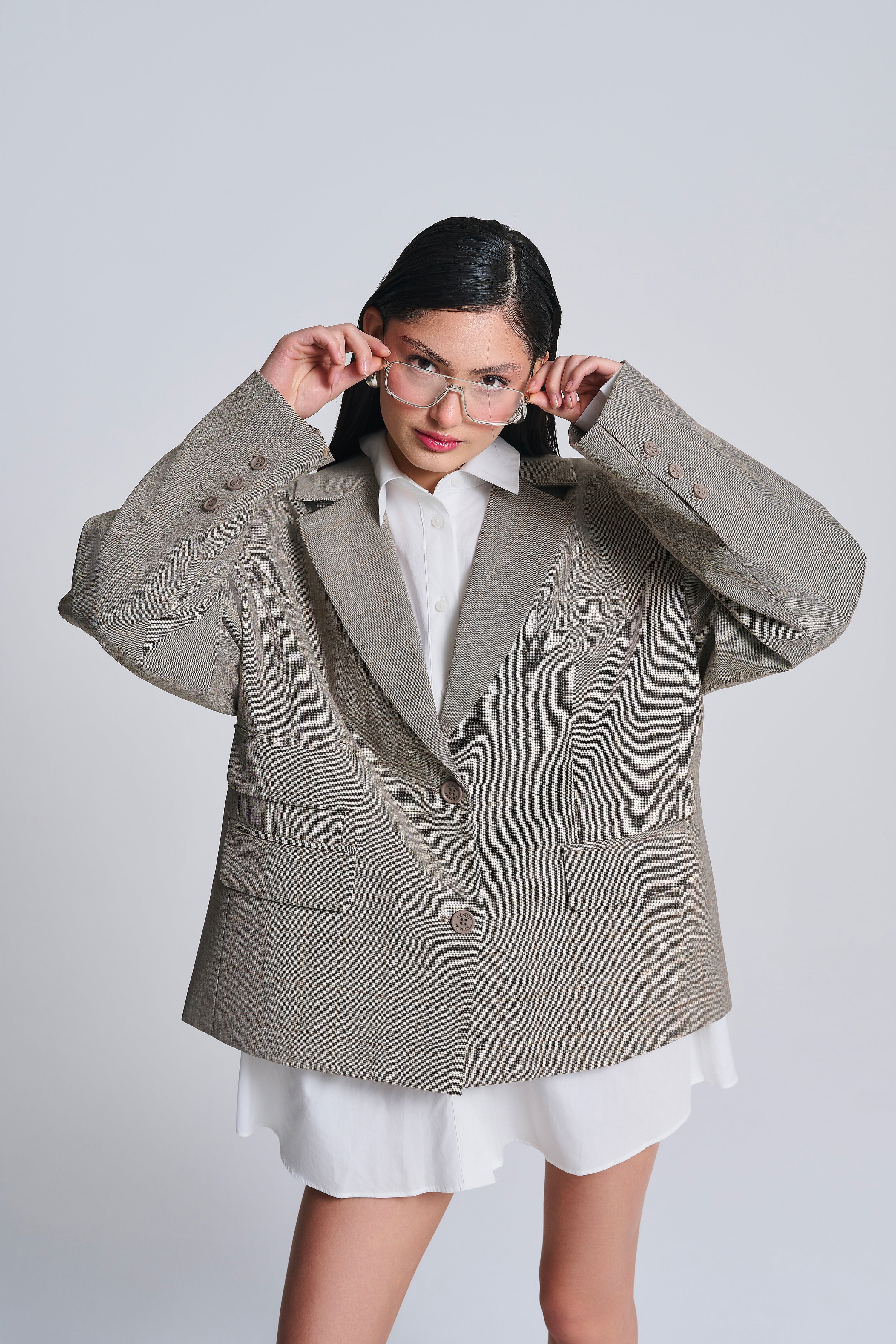 WOOL BLEND CHECKED OVERSIZED BLAZER