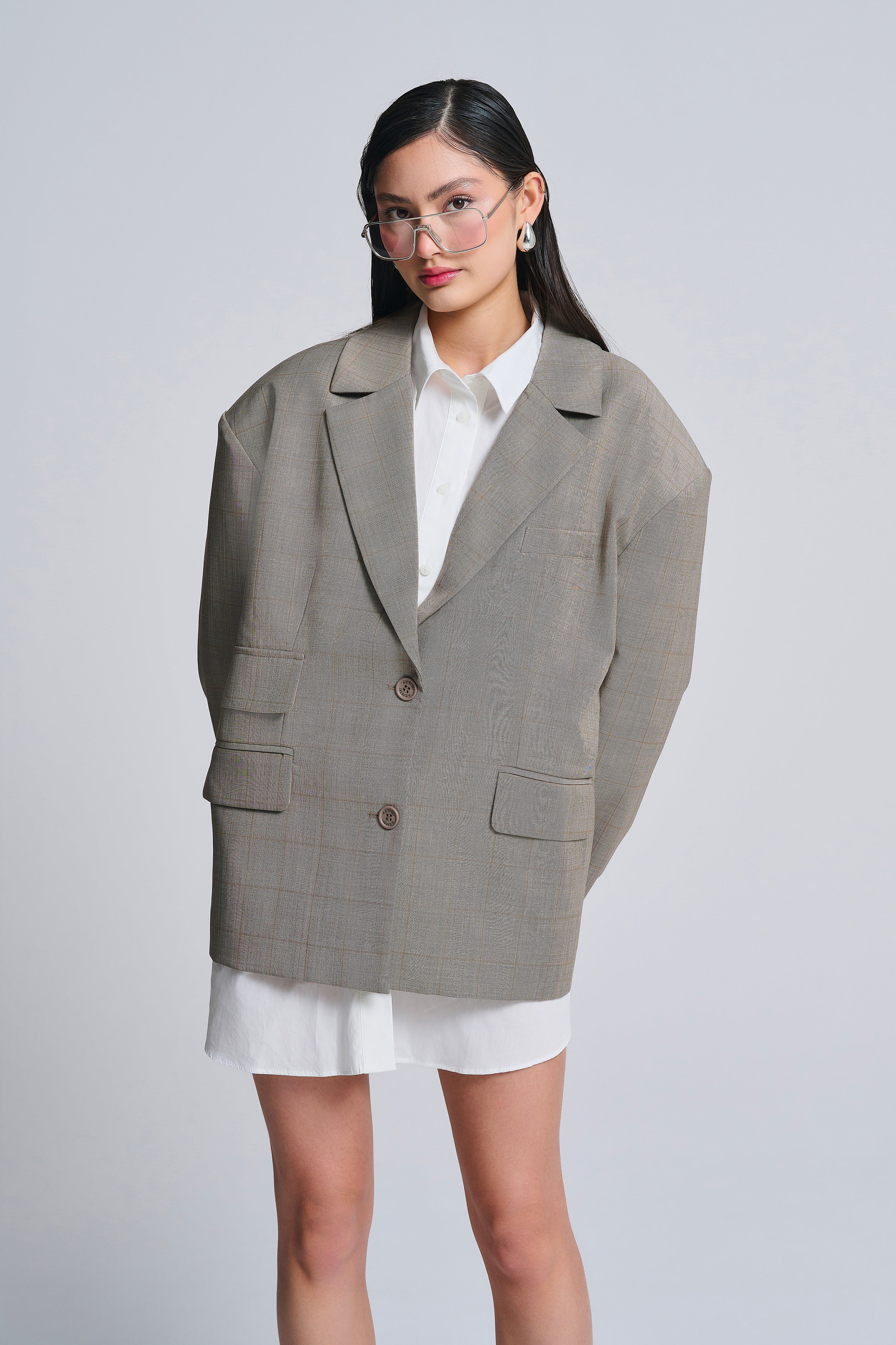 WOOL BLEND CHECKED OVERSIZED BLAZER