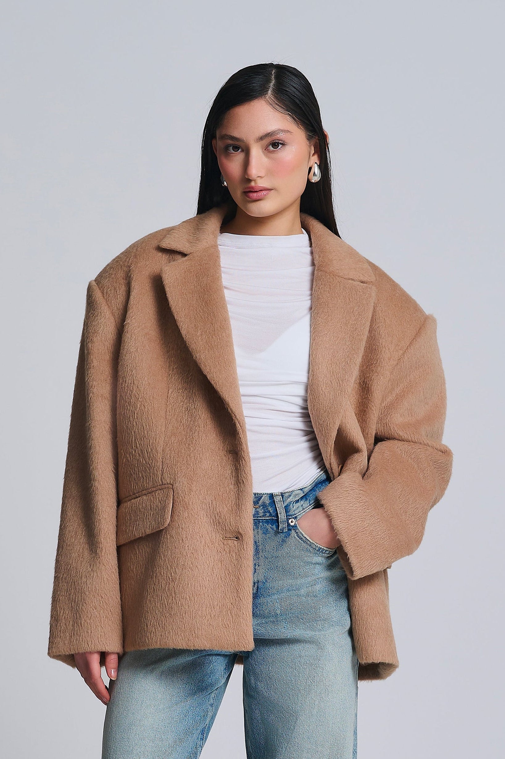 FURRY WOOL BLEND OVERSIZED BLAZER