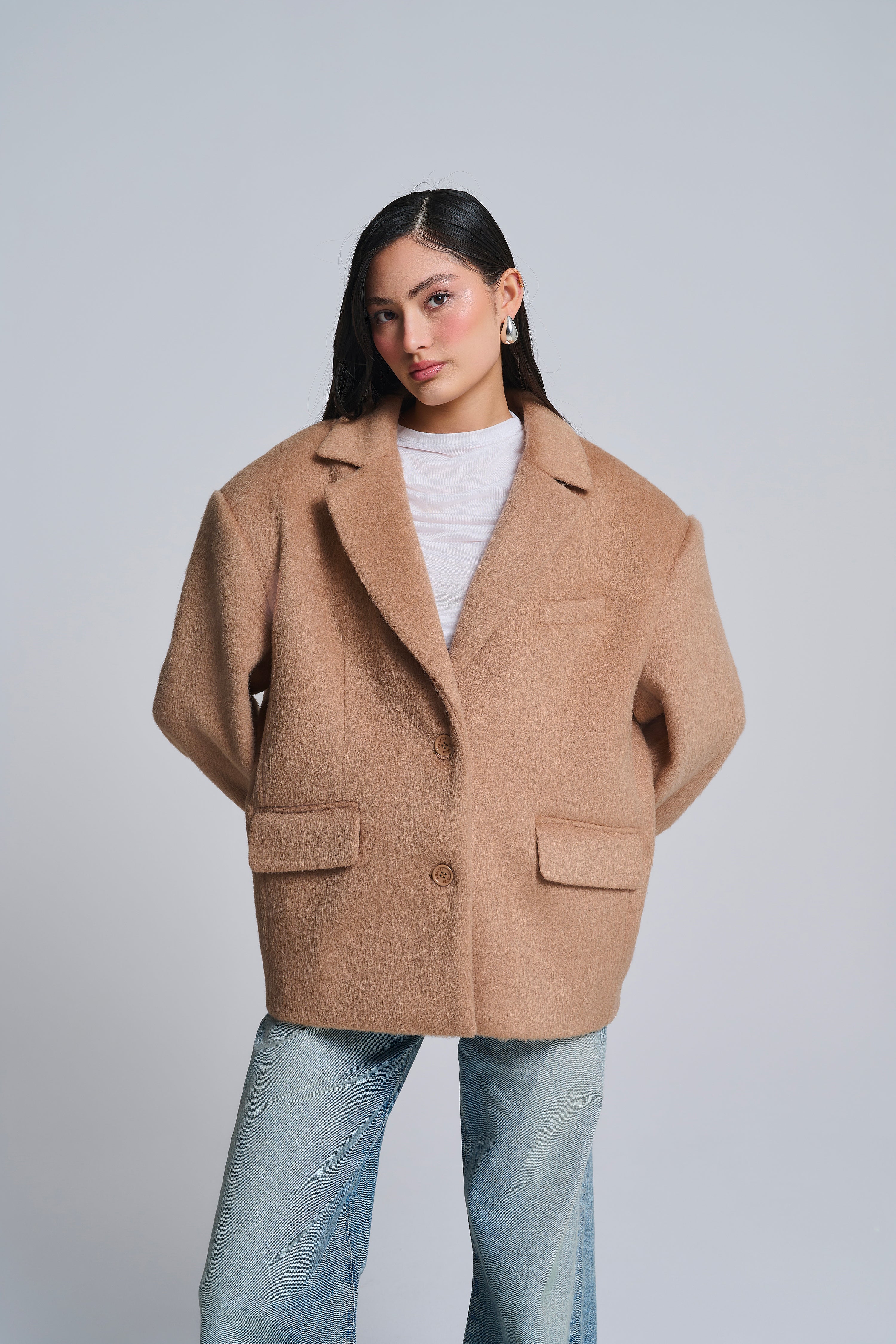 FURRY WOOL BLEND OVERSIZED BLAZER