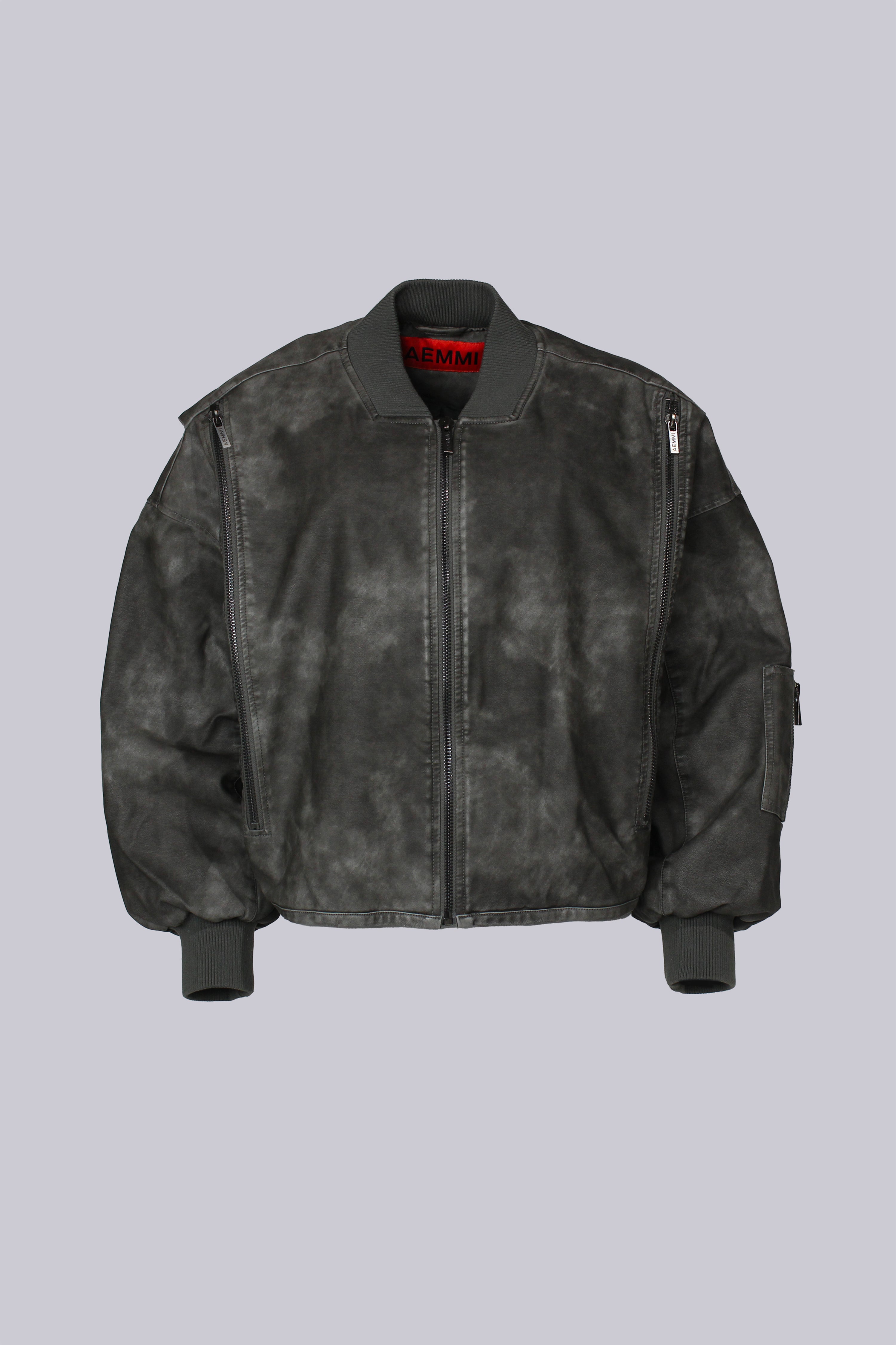 Grey washed faux leather bomber jacket by AEMMI