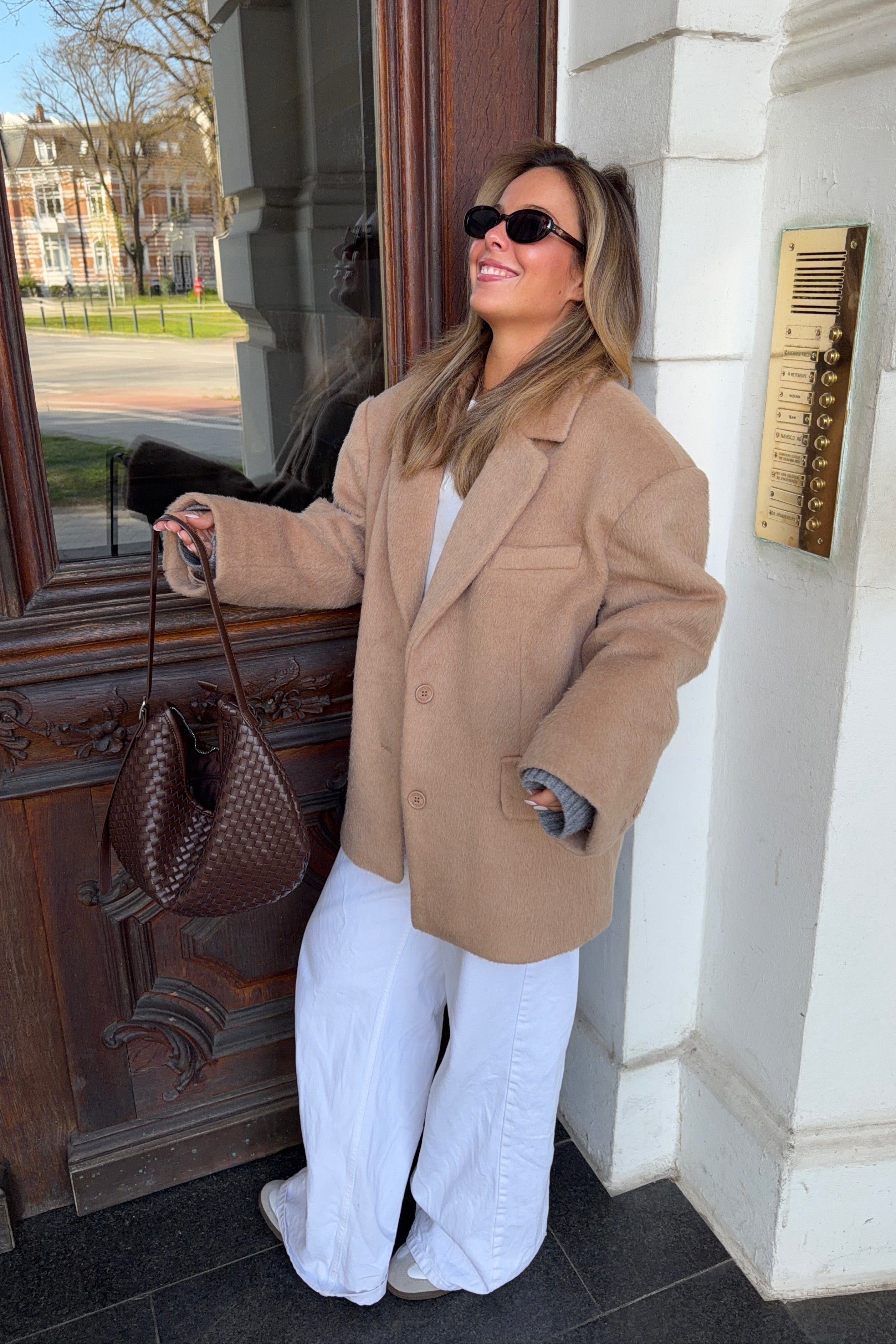 Taupe oversized wool blend blazer with shoulder pads by AEMMI
