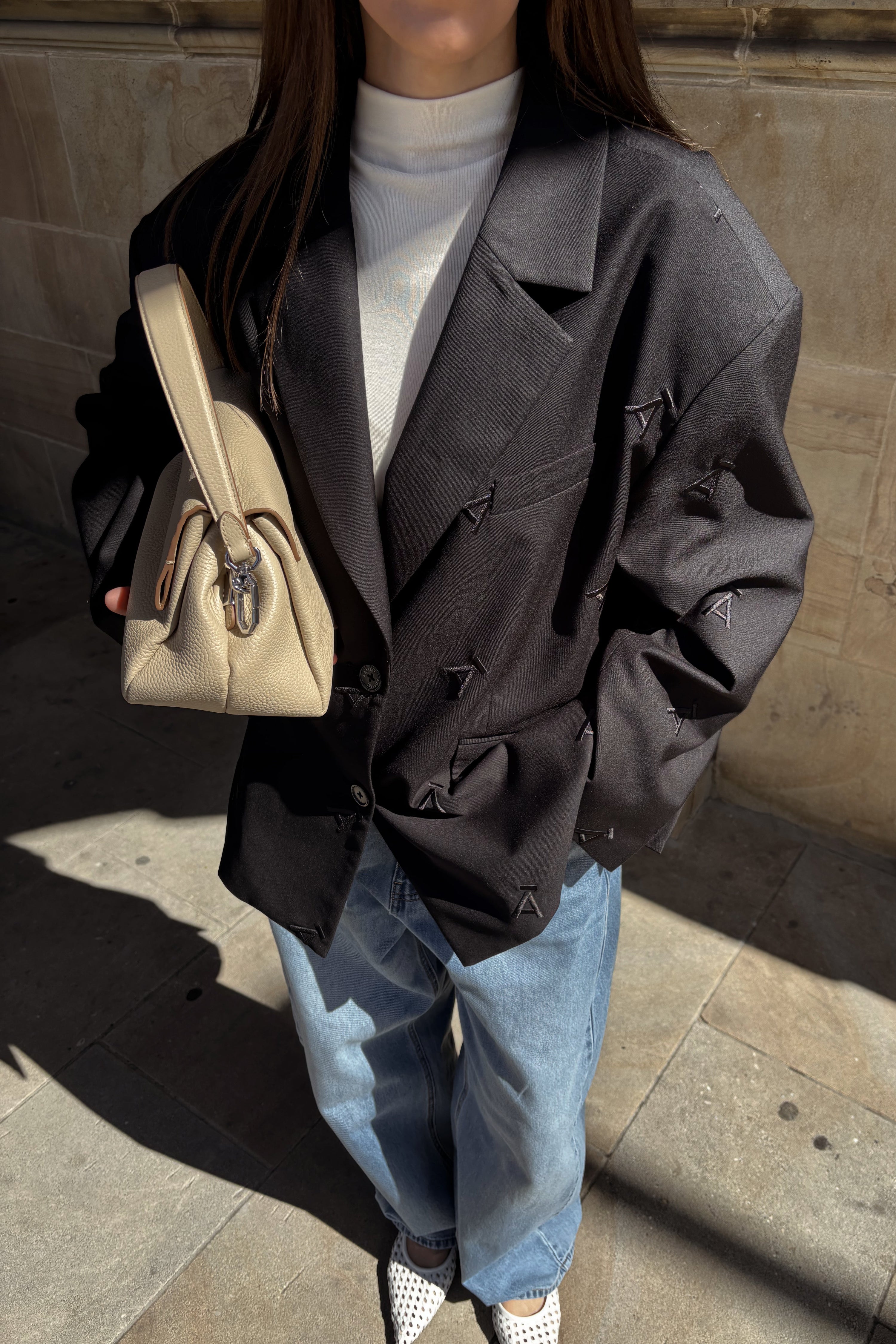 Oversized Blazer with All-Over Logo Embroidery | AEMMI