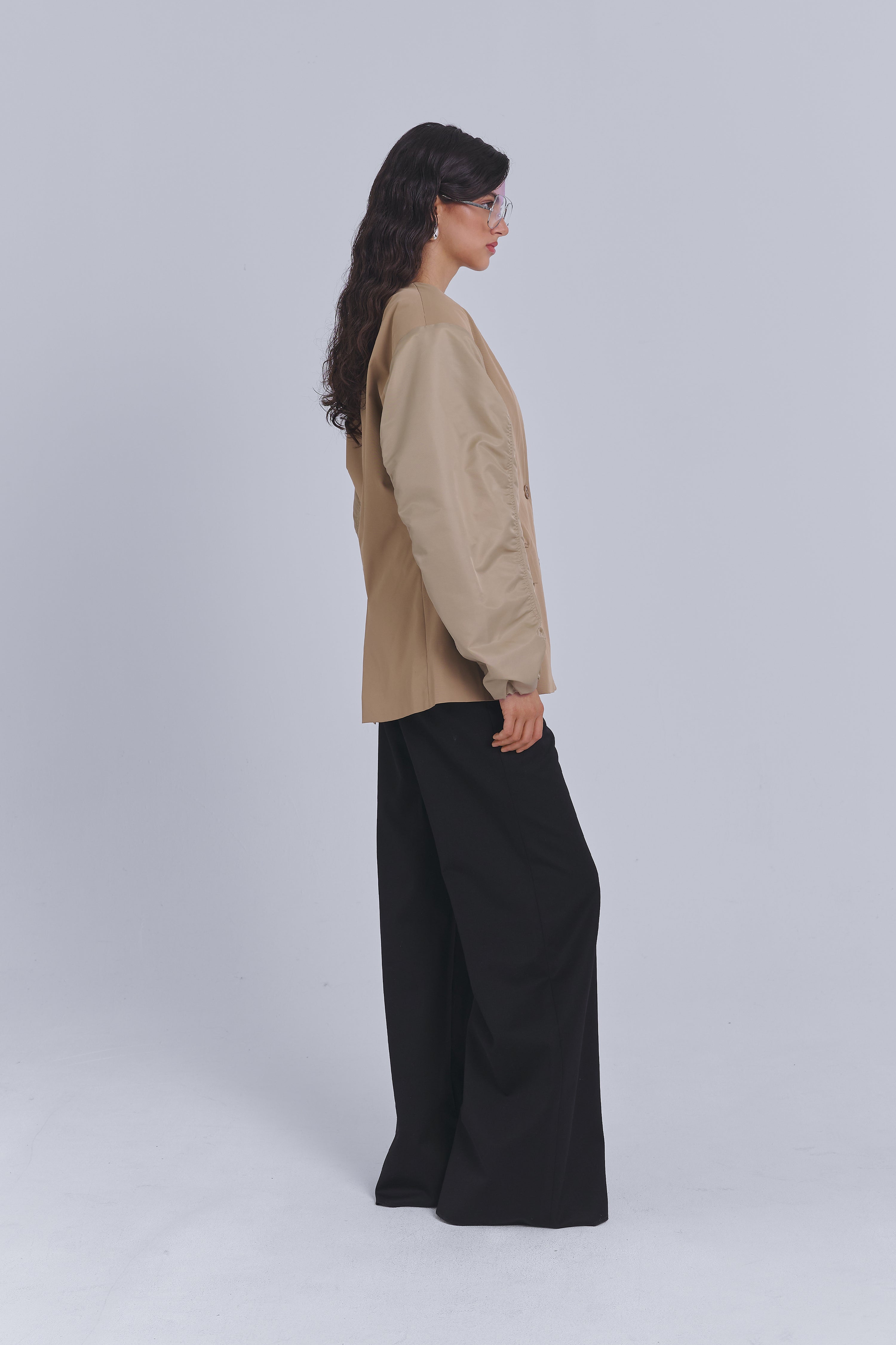 Beige oversized blazer with bomber-style sleeves by AEMMI