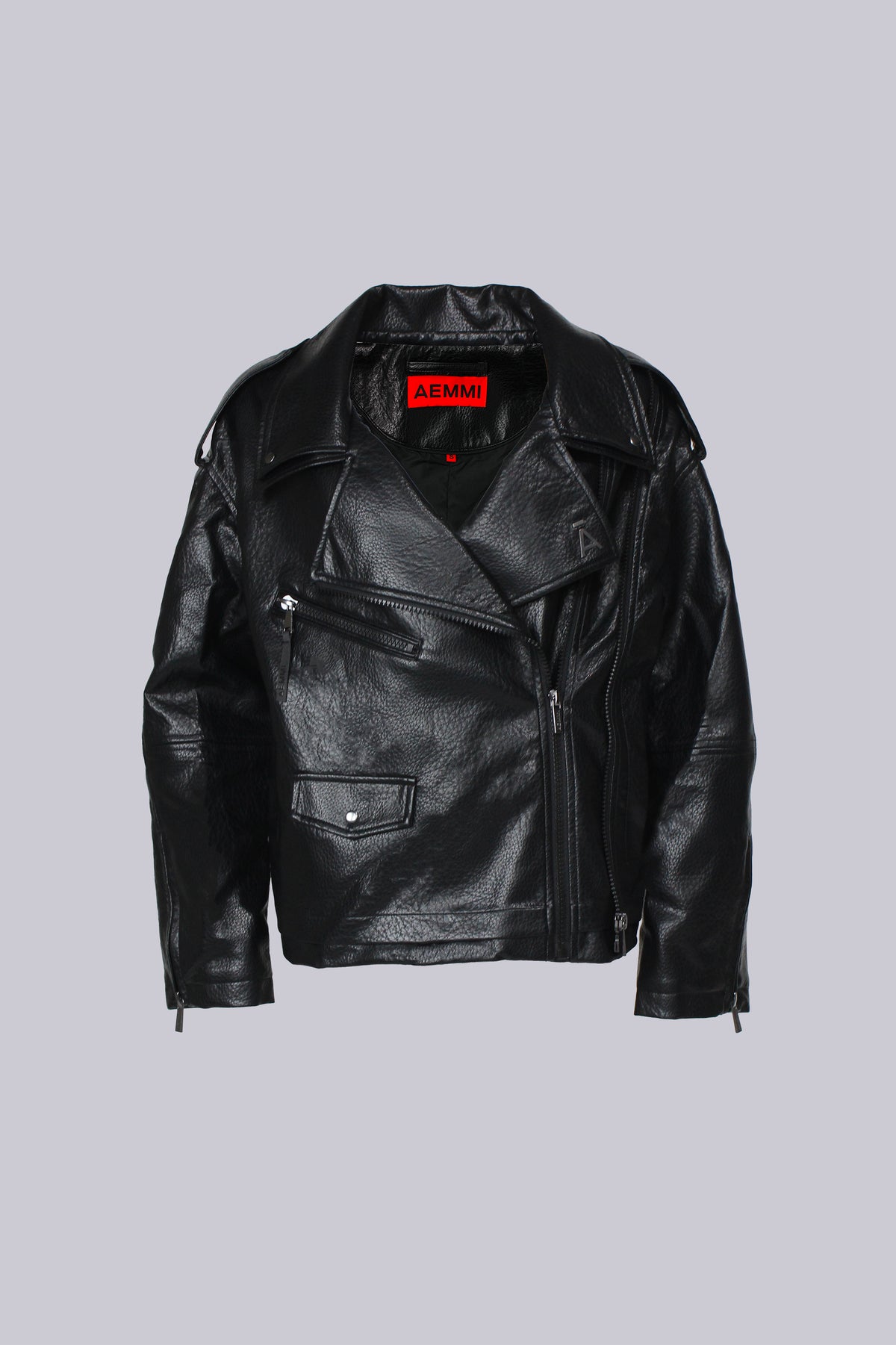 Black faux leather oversized biker jacket by AEMMI