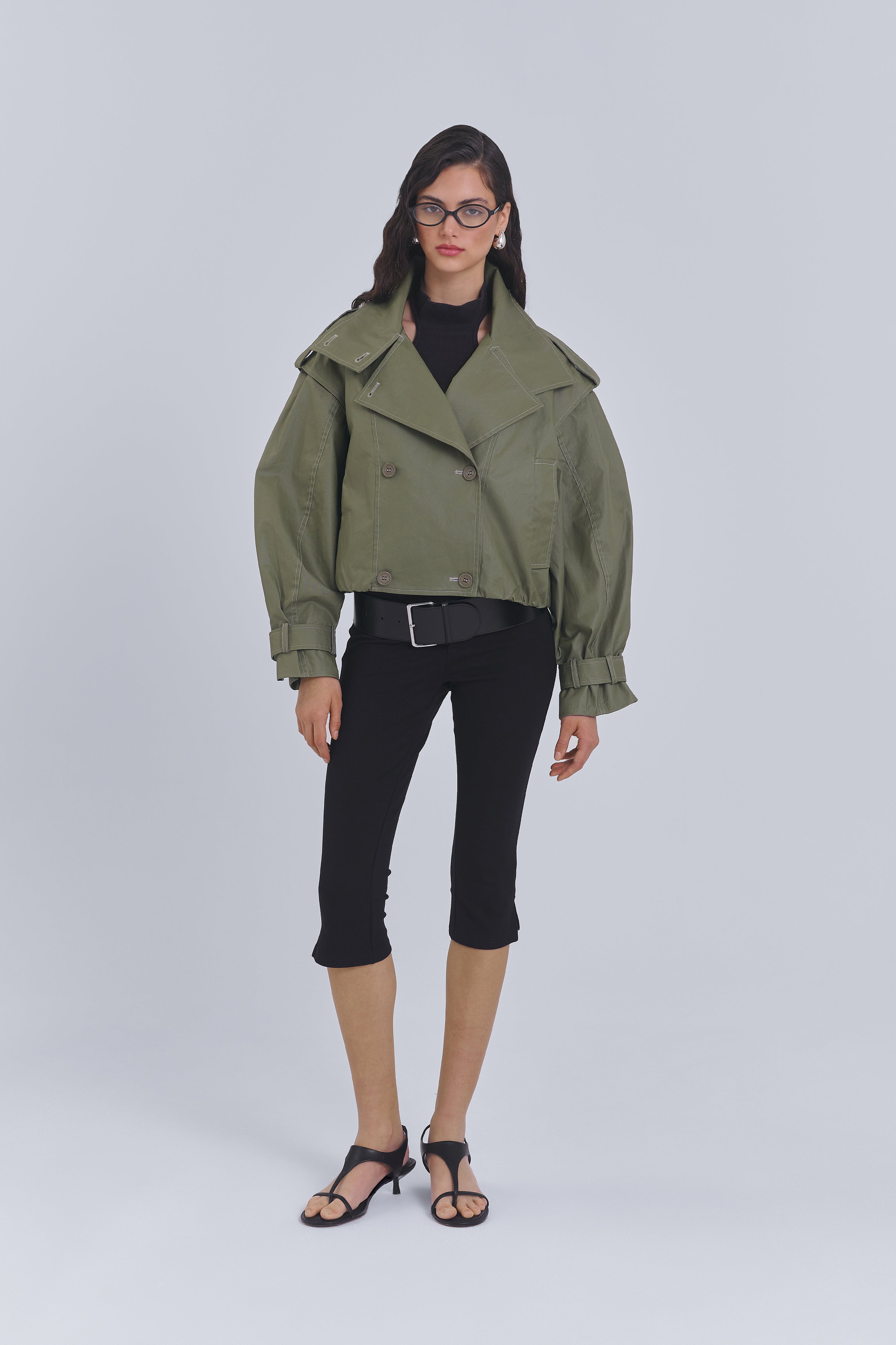 Olive cropped trench coat in waxed cotton by AEMMI