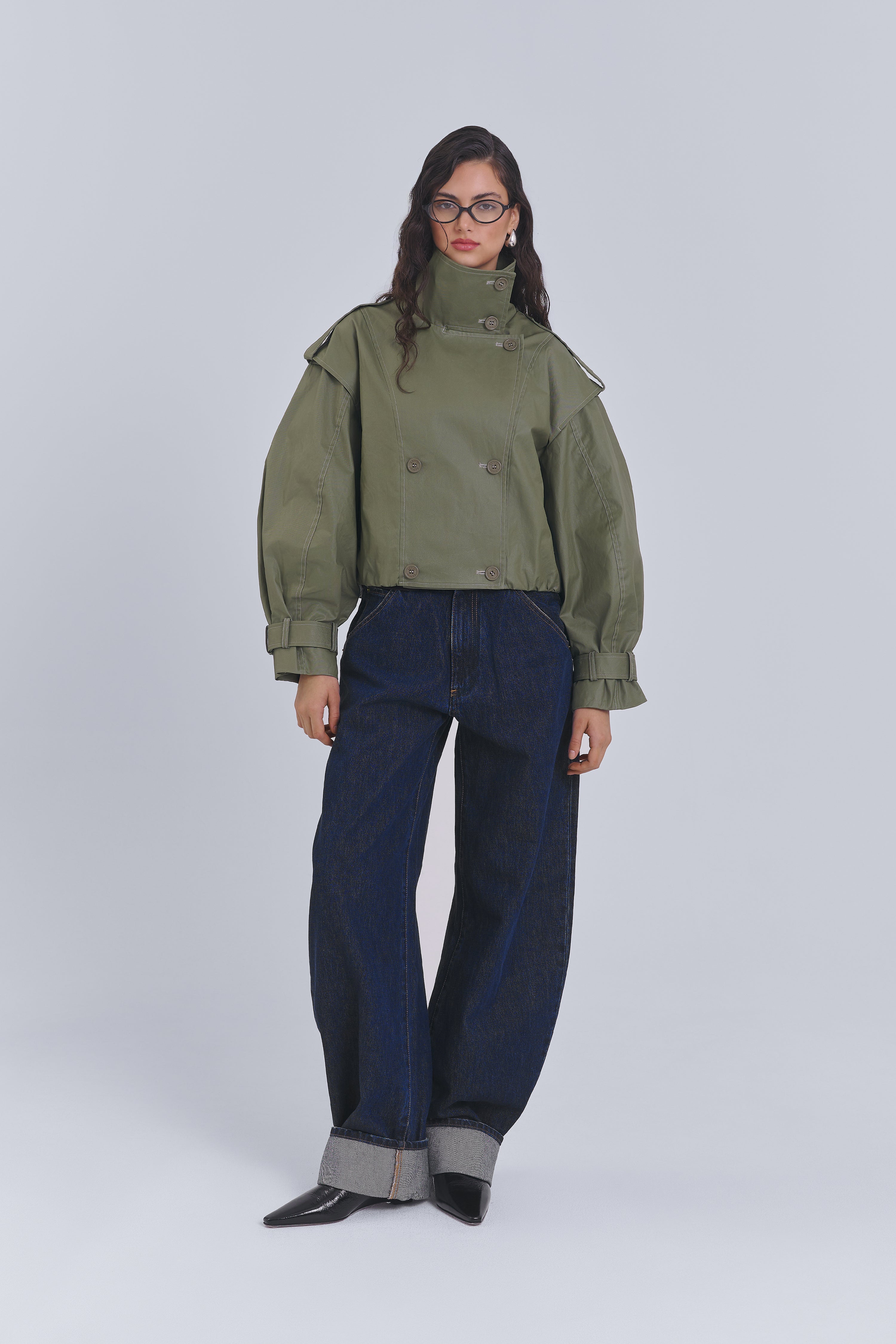 Olive cropped trench coat in waxed cotton by AEMMI