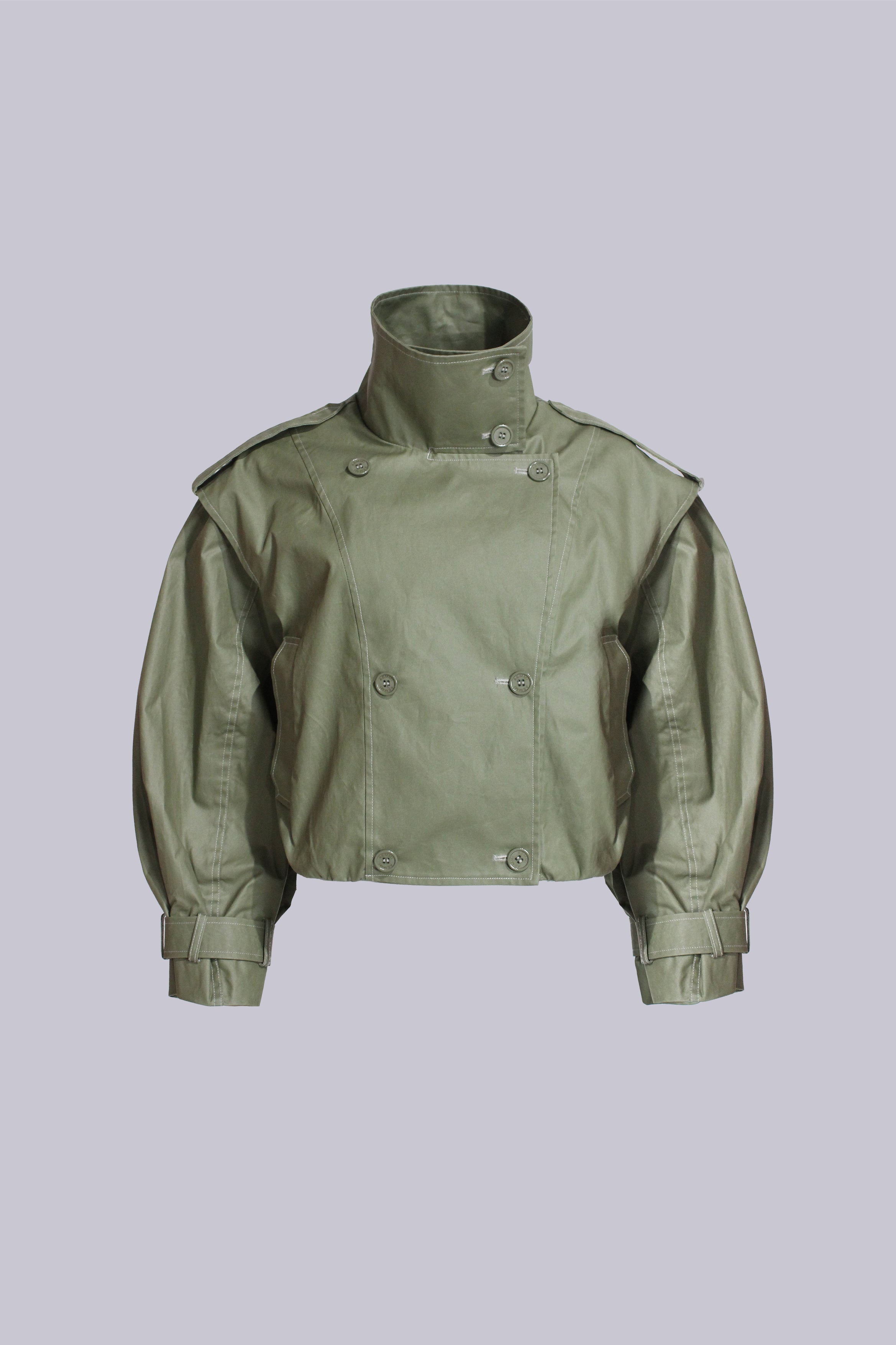 Olive cropped trench coat in waxed cotton by AEMMI