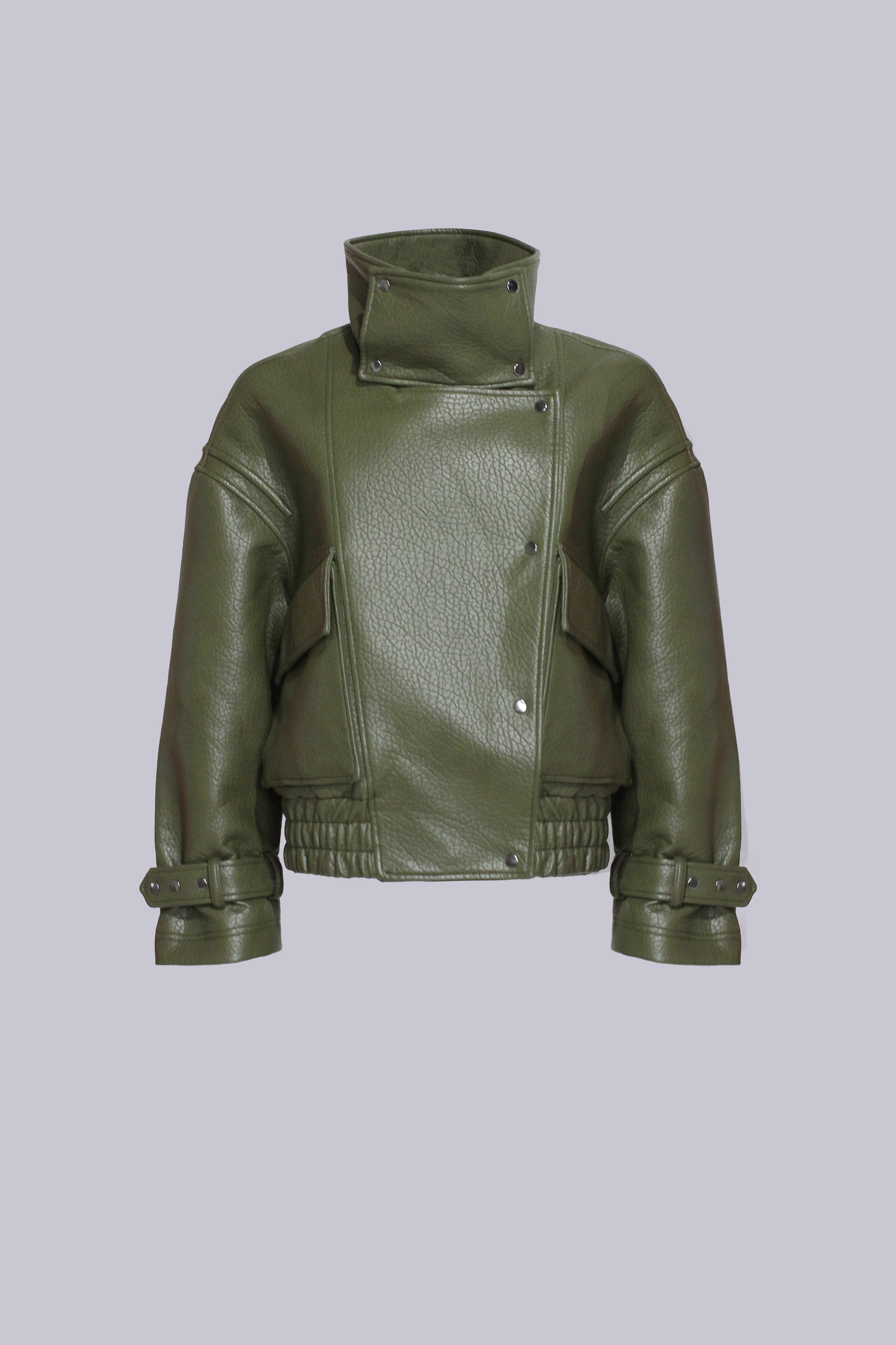 Olive faux leather biker jacket with detachable collar by AEMMI