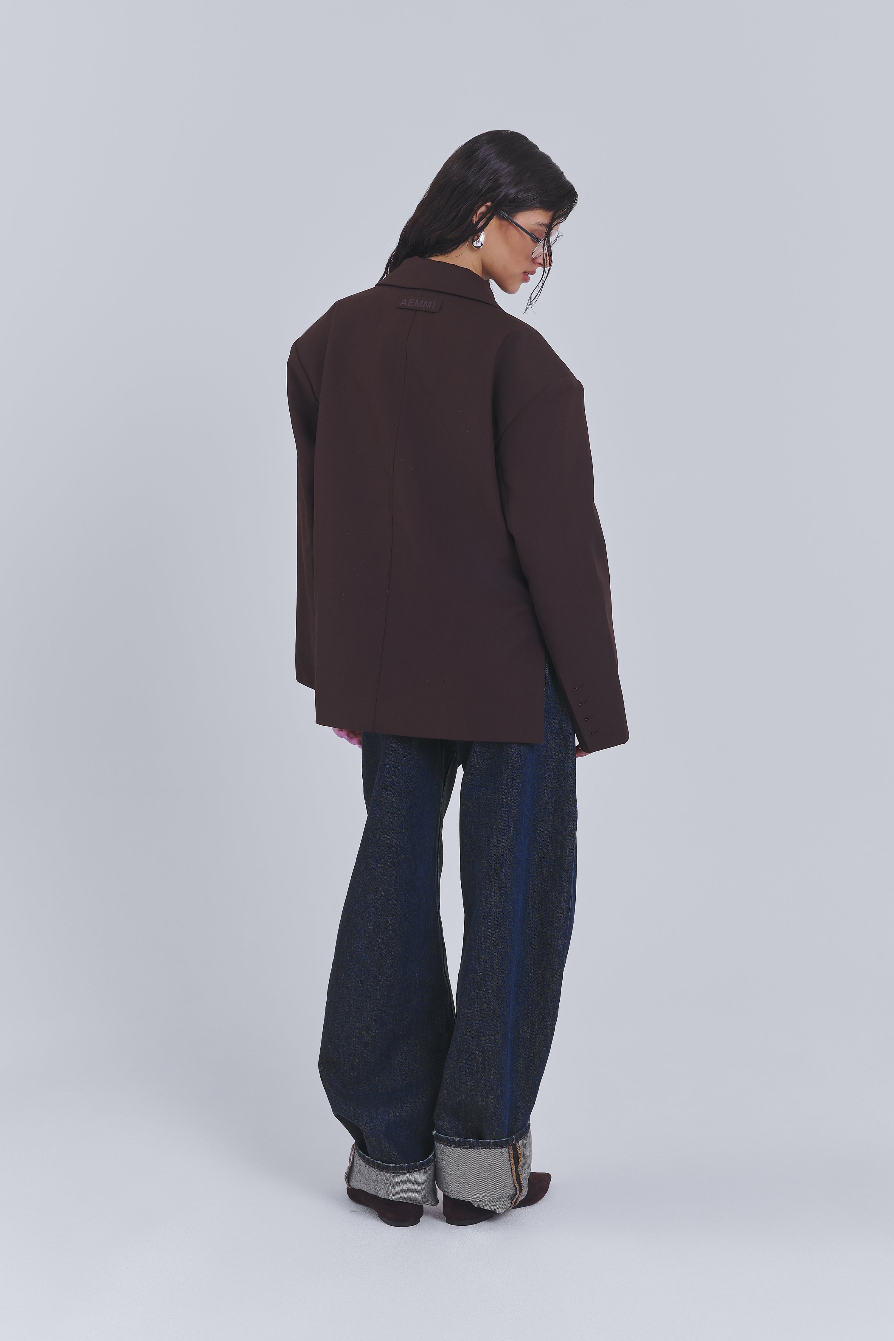 Grey wrap blazer with kimono-inspired silhouette by AEMMI