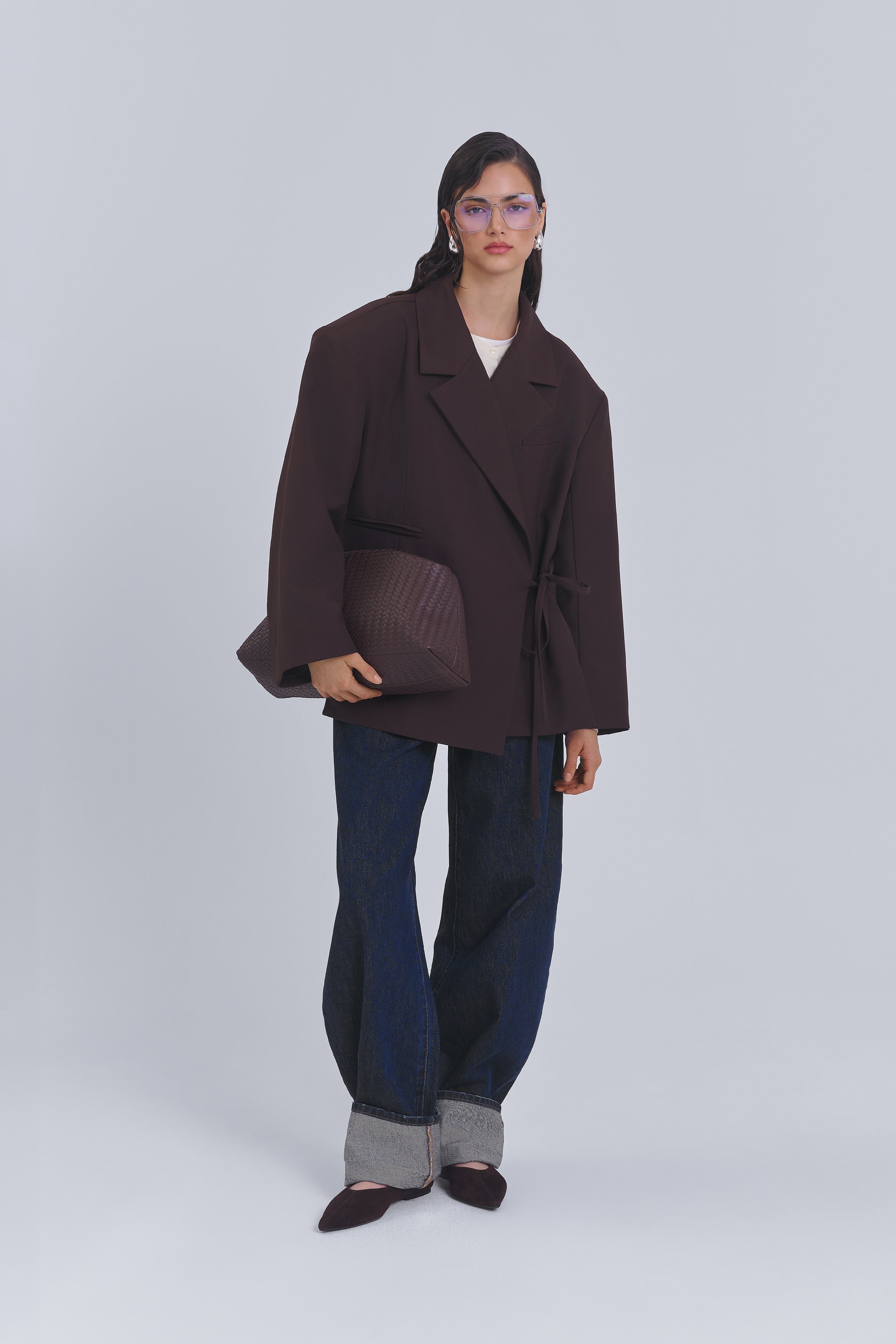 Grey wrap blazer with kimono-inspired silhouette by AEMMI