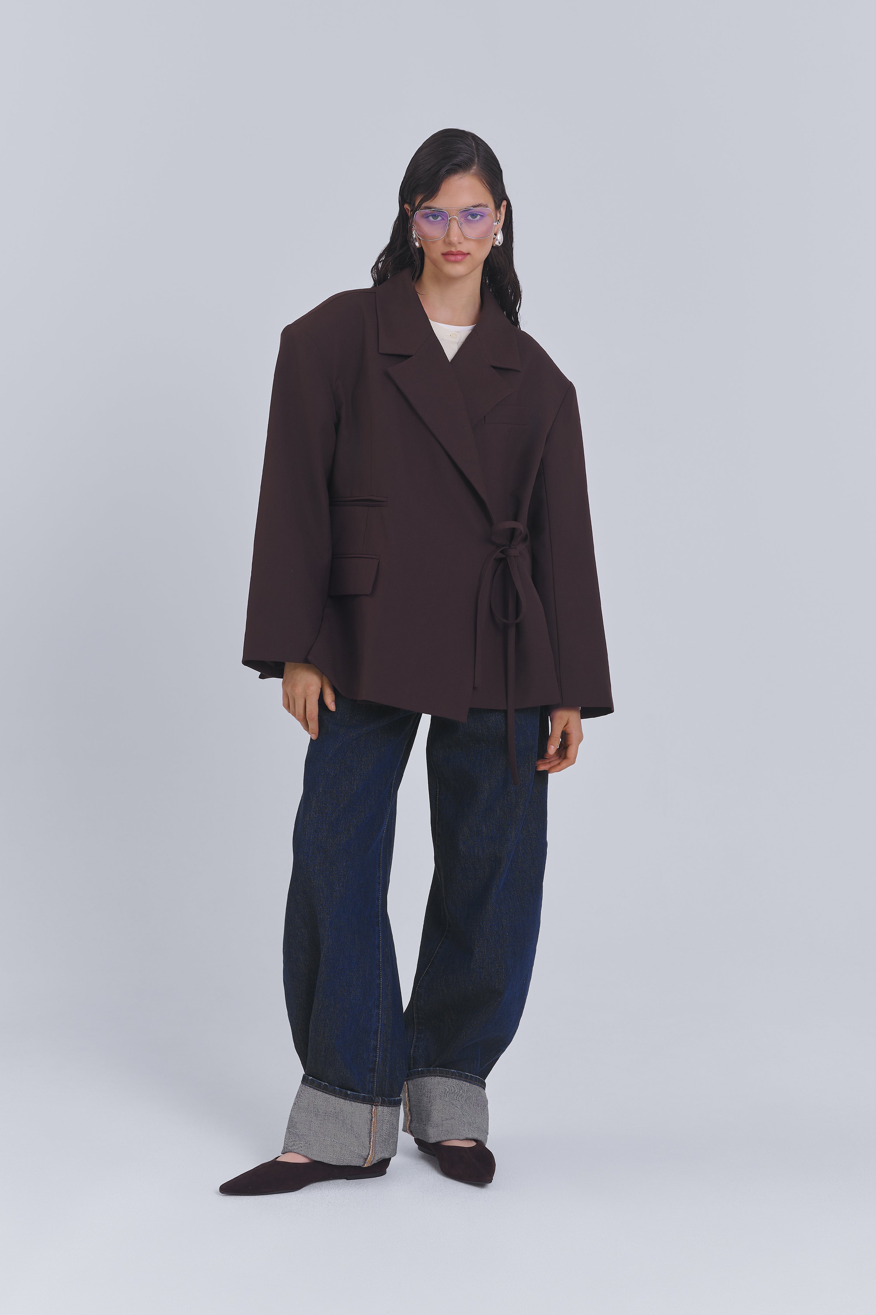 Grey wrap blazer with kimono-inspired silhouette by AEMMI