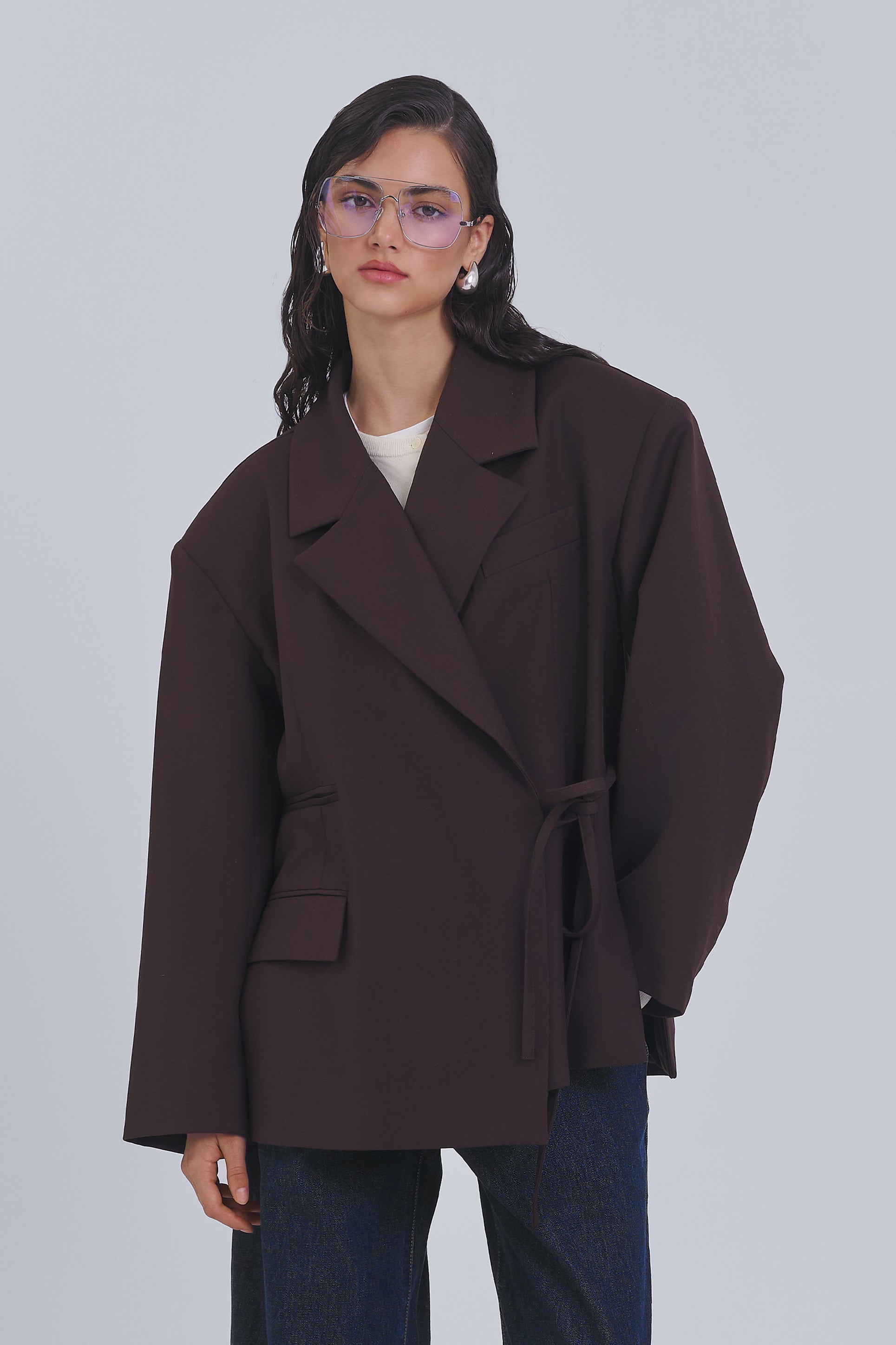 Grey wrap blazer with kimono-inspired silhouette by AEMMI