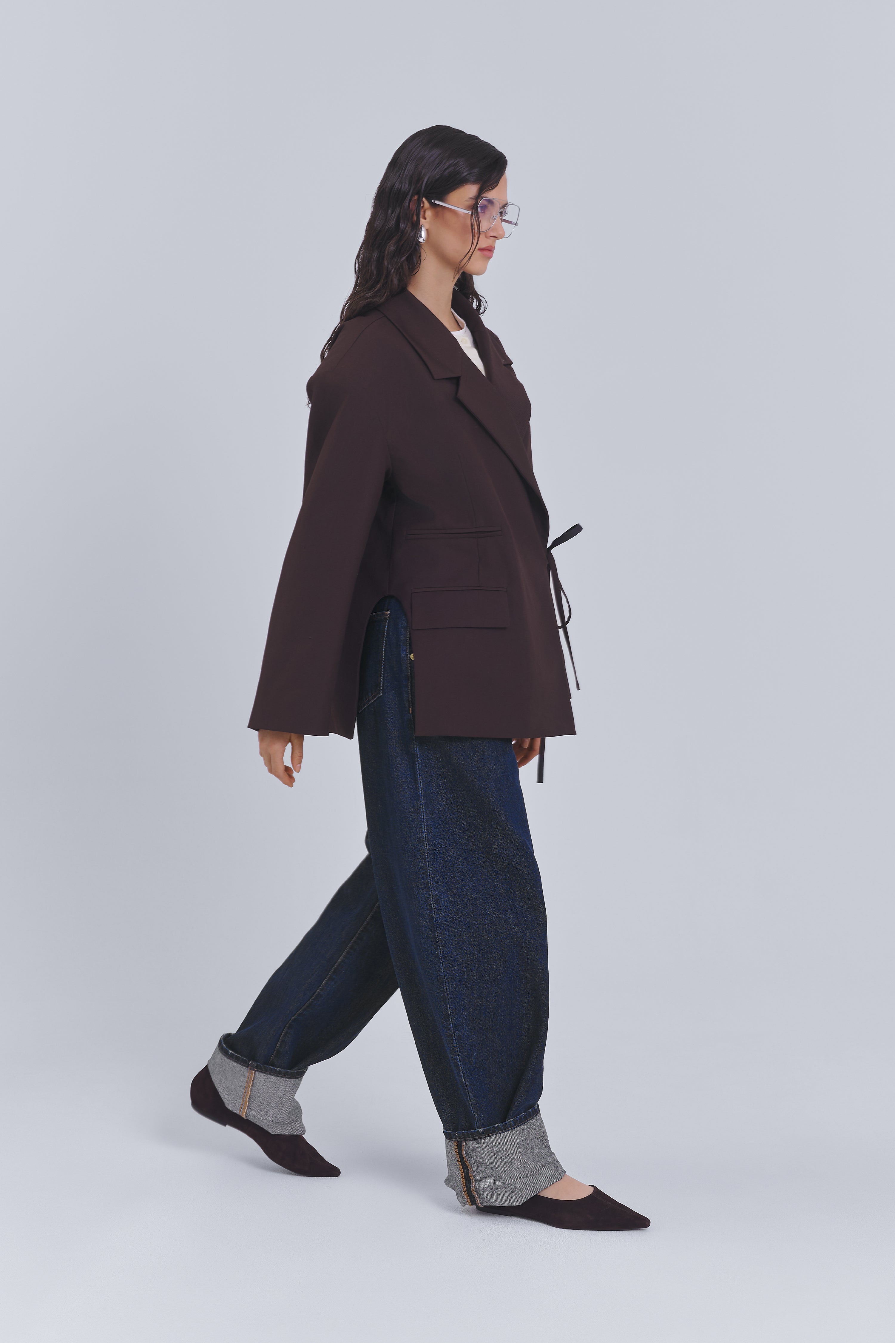 Grey wrap blazer with kimono-inspired silhouette by AEMMI