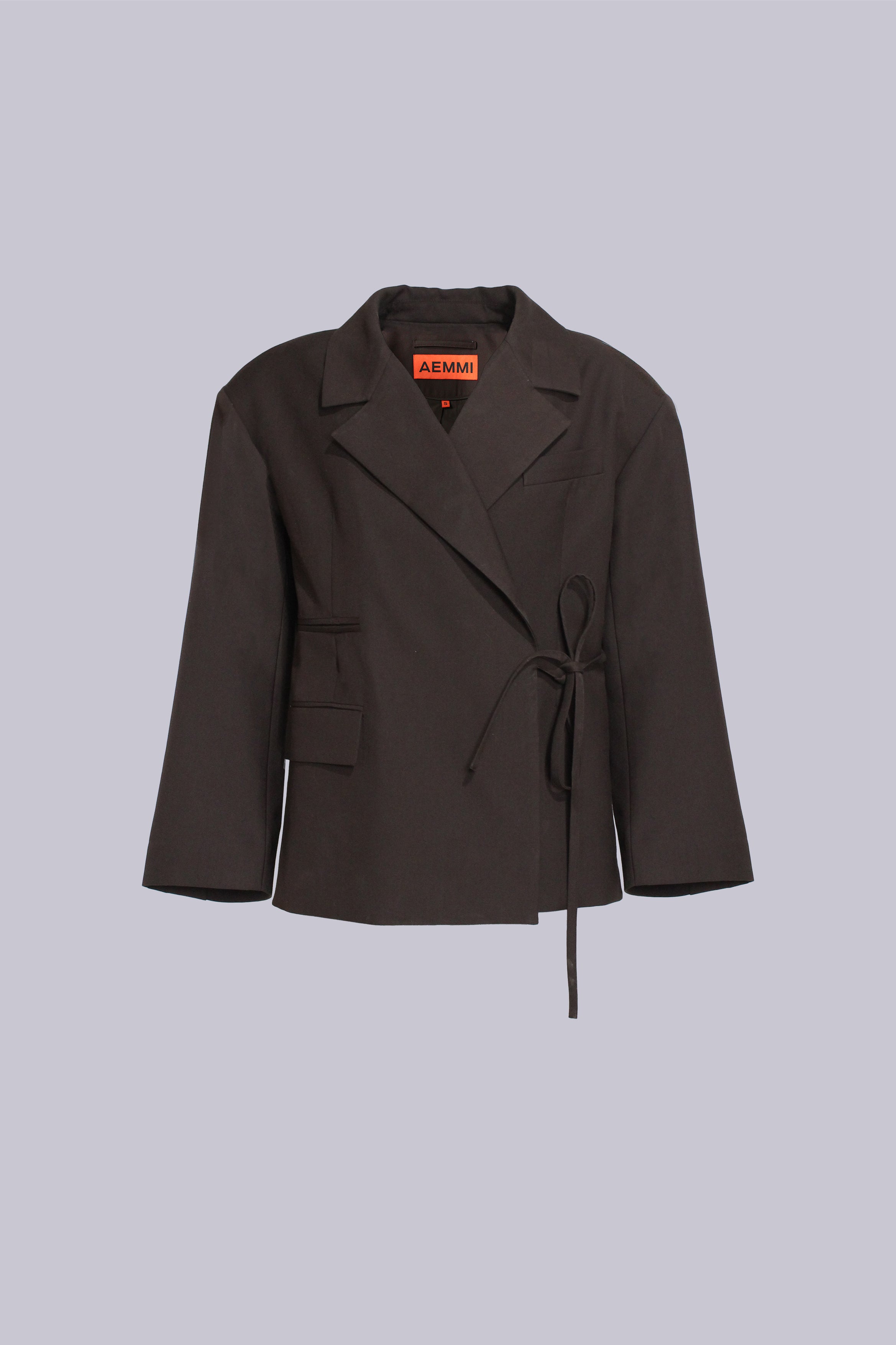 Grey wrap blazer with kimono-inspired silhouette by AEMMI