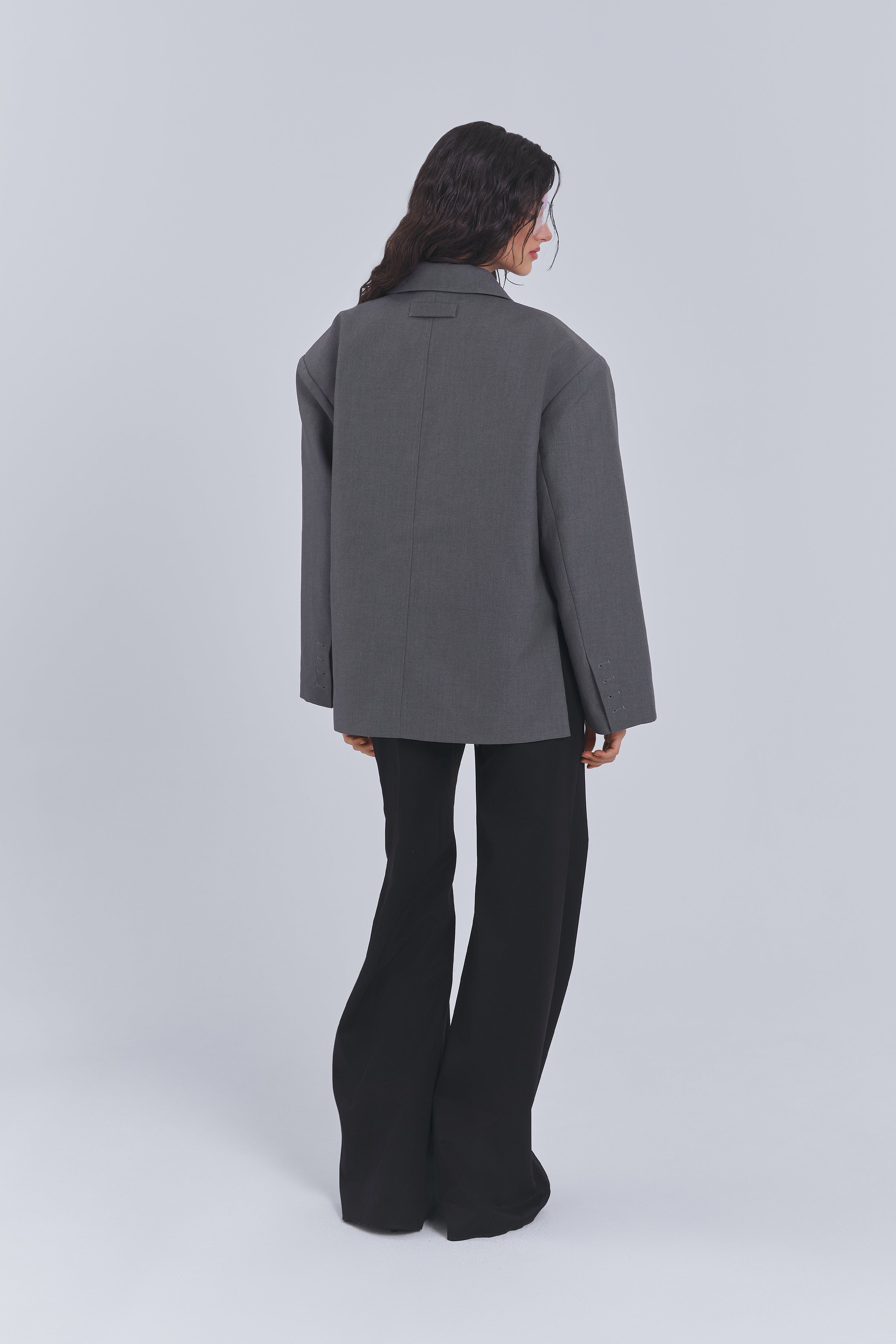 Grey wrap blazer with kimono-inspired silhouette by AEMMI