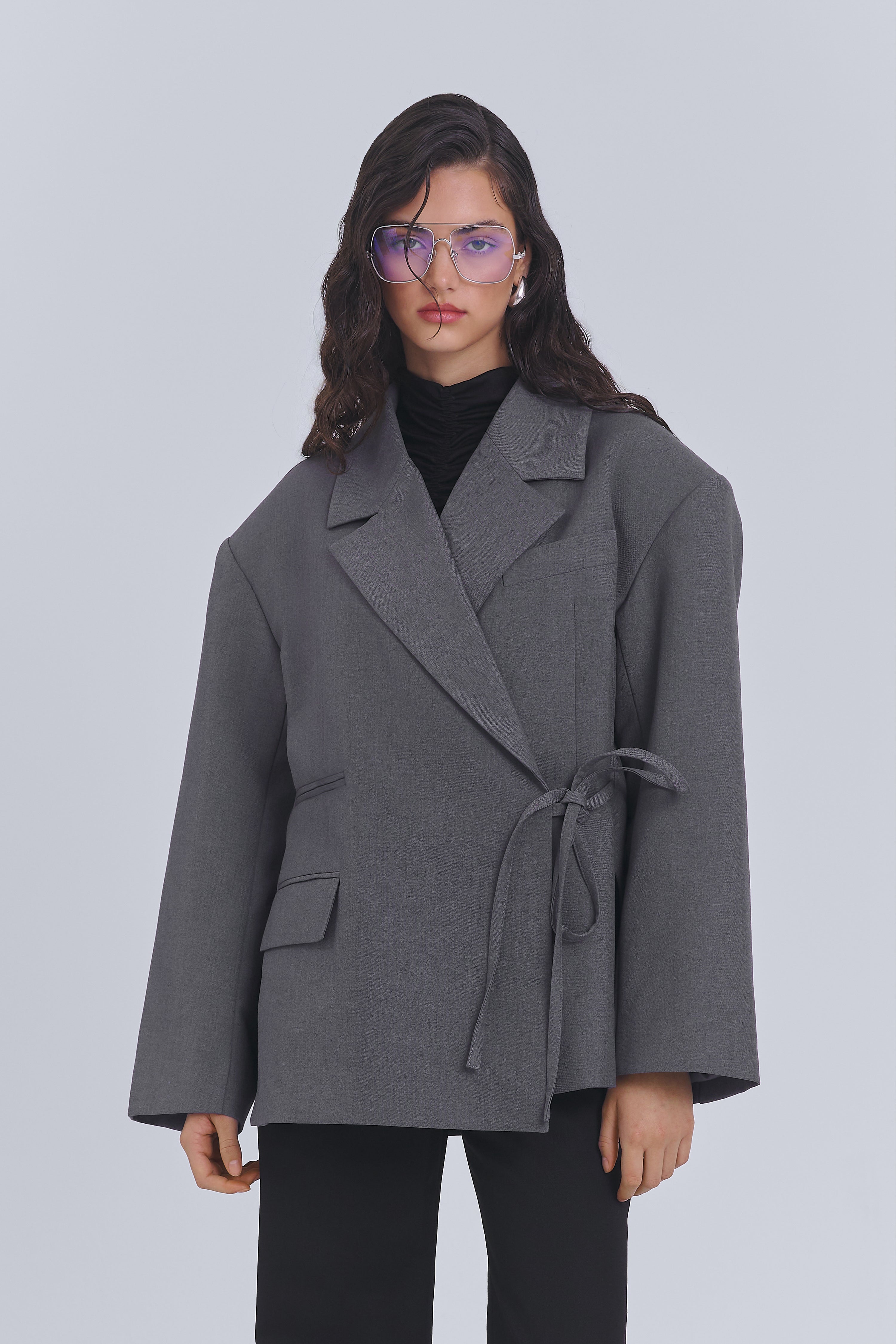 Grey wrap blazer with kimono-inspired silhouette by AEMMI