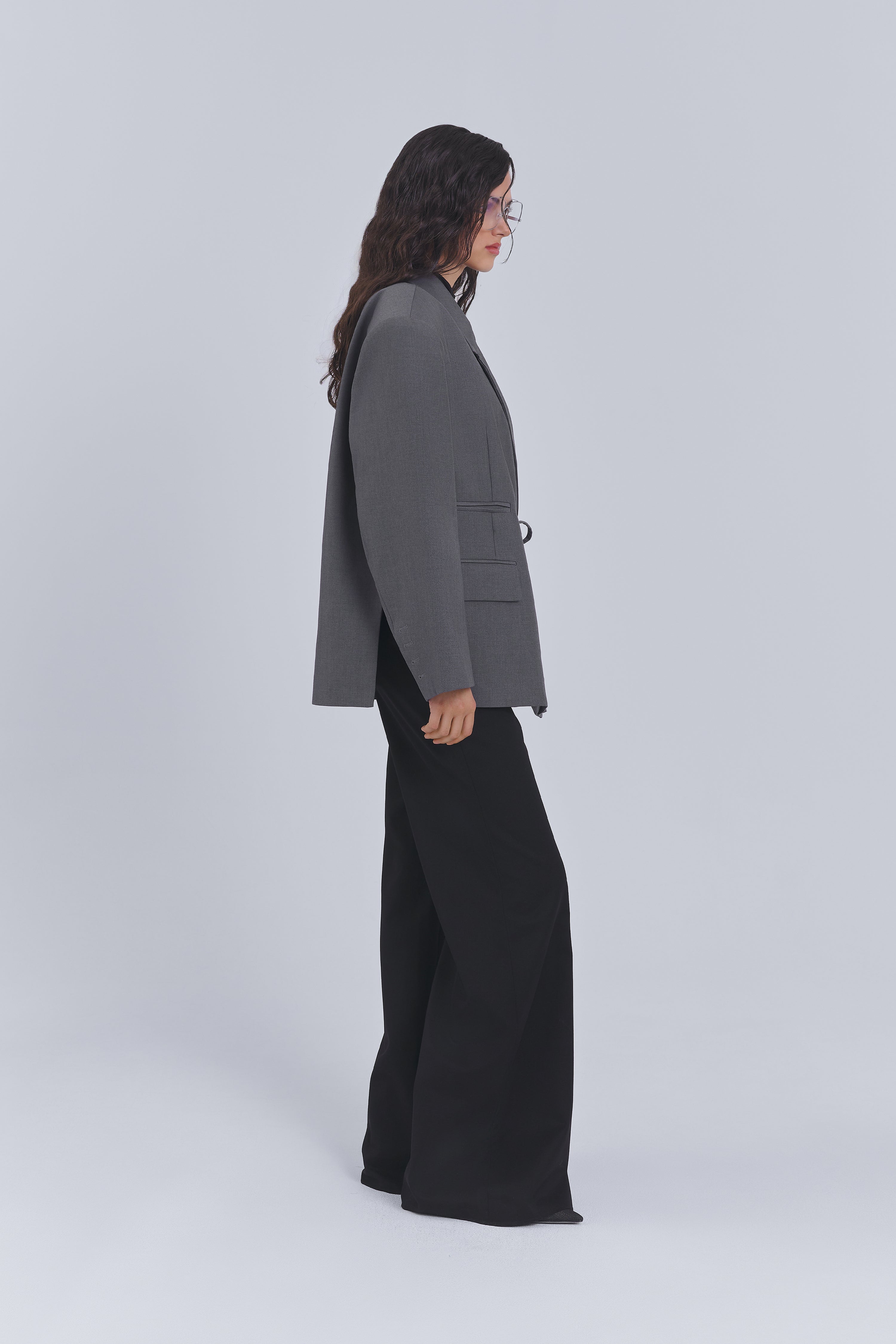 Grey wrap blazer with kimono-inspired silhouette by AEMMI
